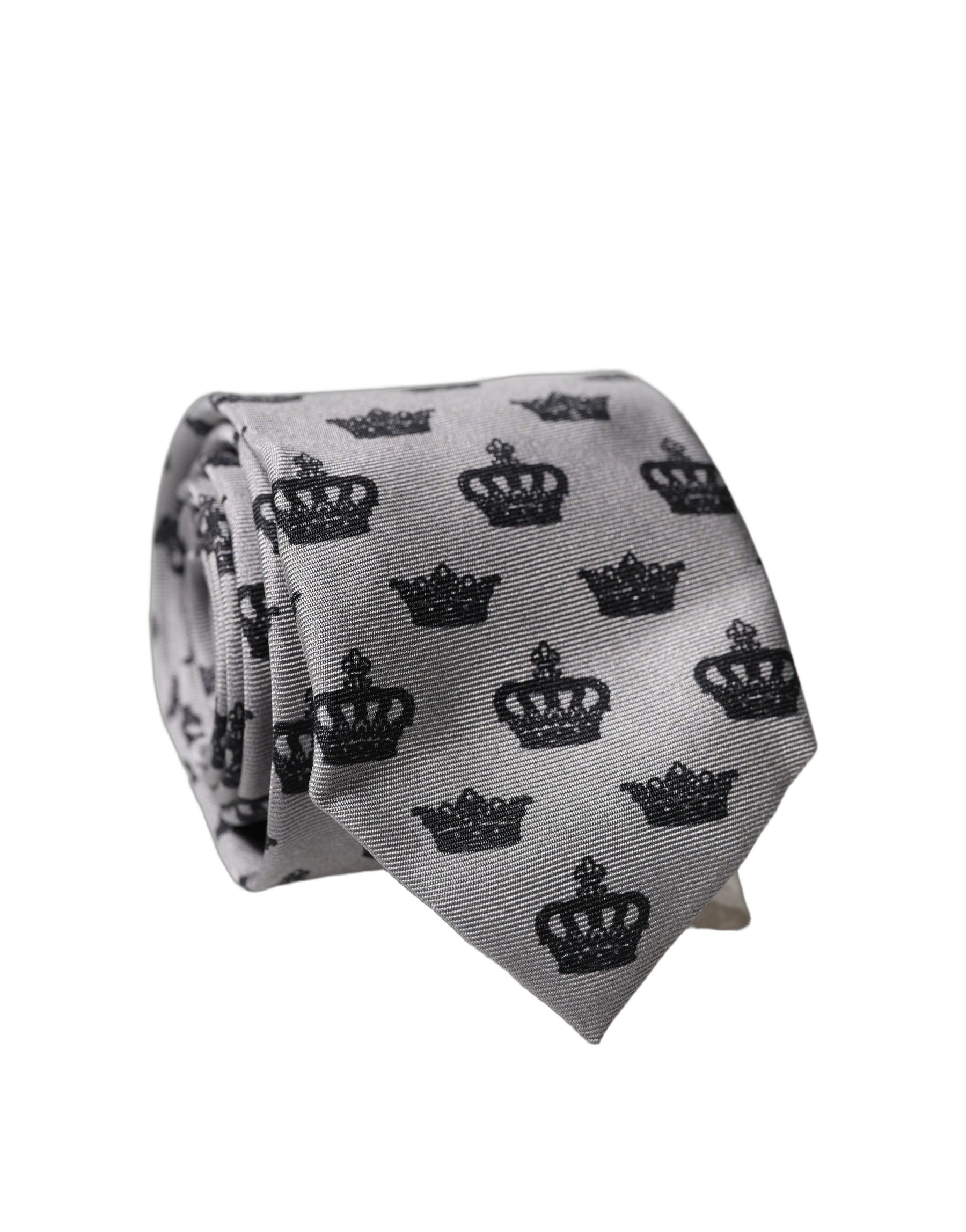 Dolce & Gabbana Gray Crown Fantasy Silk Adjustable Men Tied Necktie Tie | Regal Royce