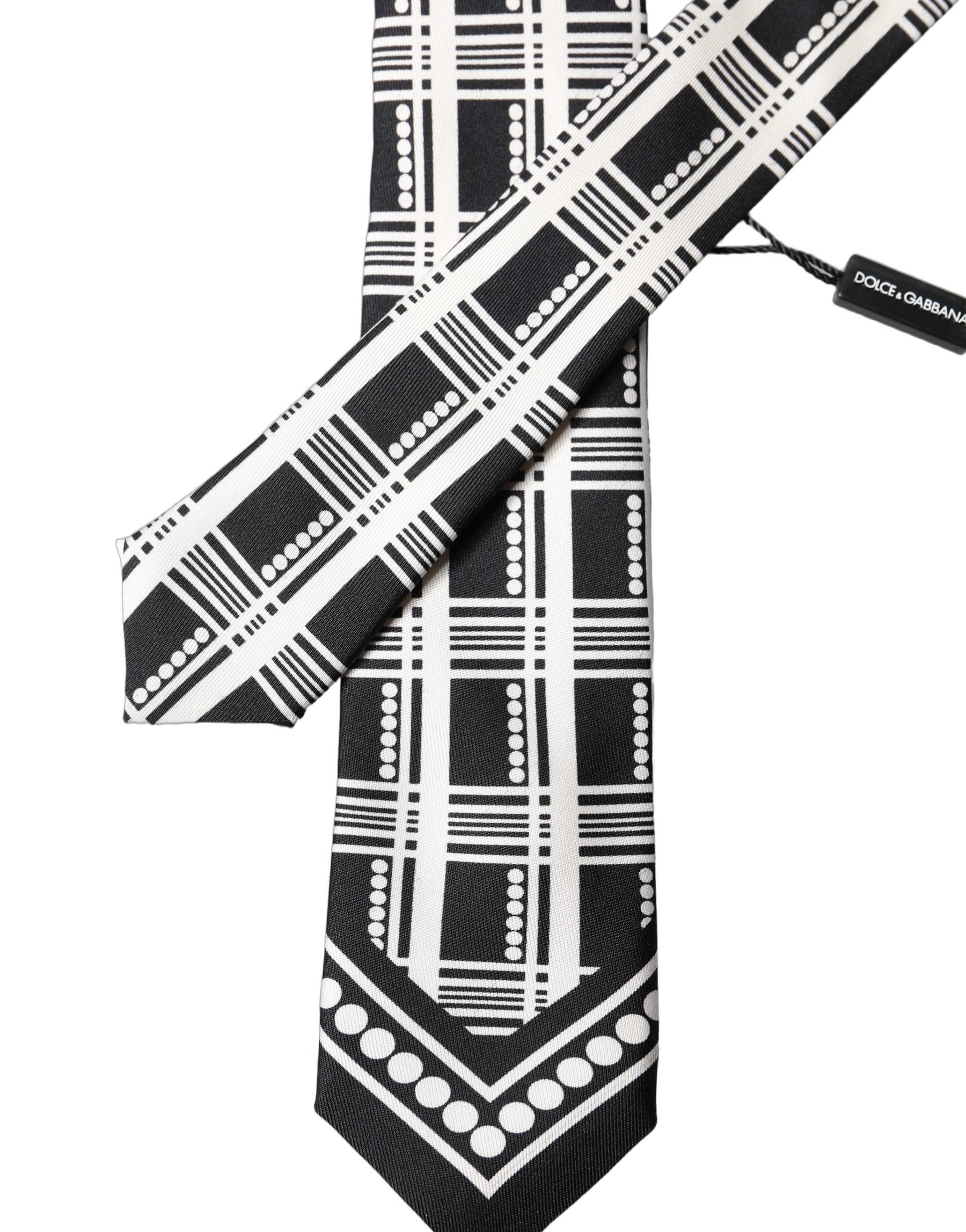 Dolce & Gabbana Black White Abstract Silk Adjustable Men Tied Necktie Tie | Regal Royce