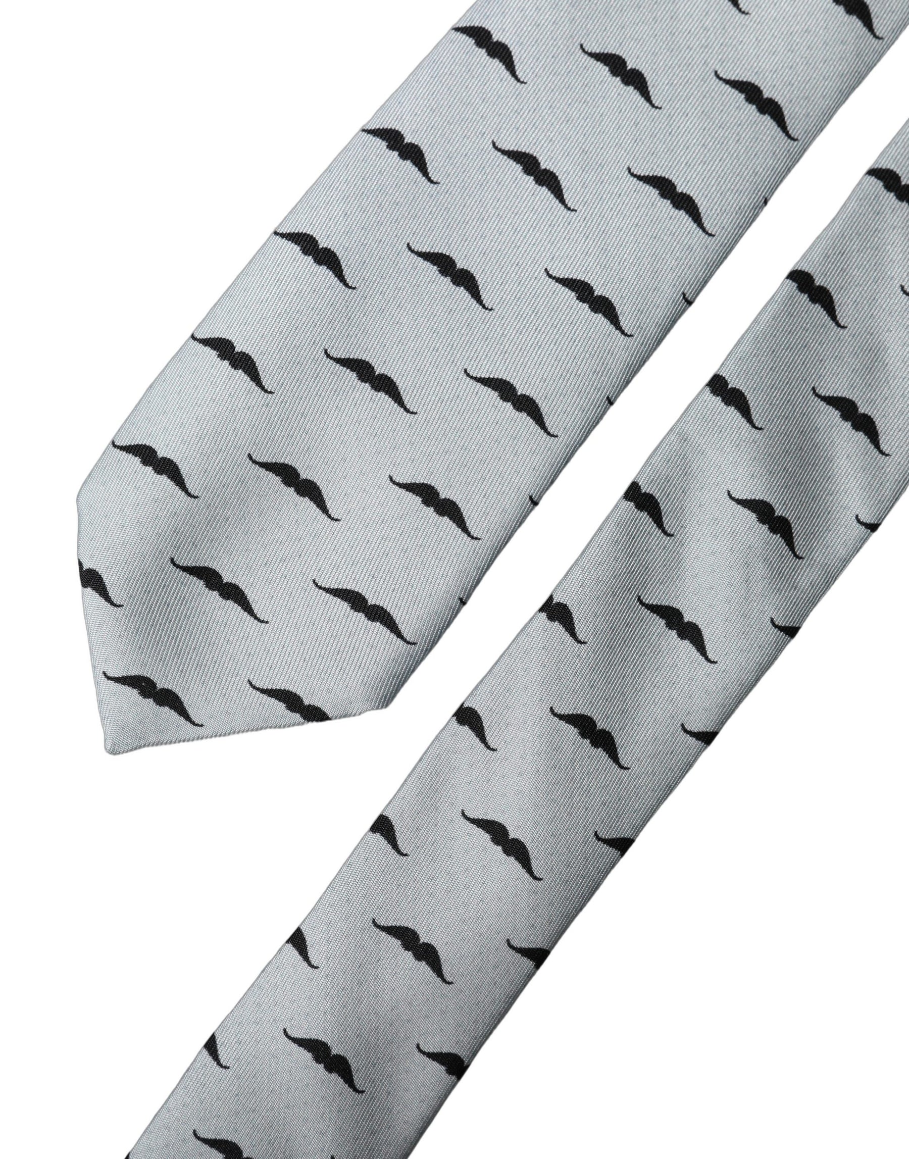 Dolce & Gabbana Light Gray Mustache Fantasy Silk Adjustable Necktie Tie | Regal Royce