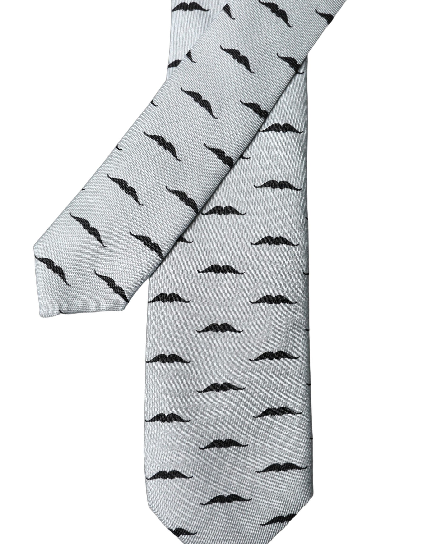 Dolce & Gabbana Light Gray Mustache Fantasy Silk Adjustable Necktie Tie | Regal Royce