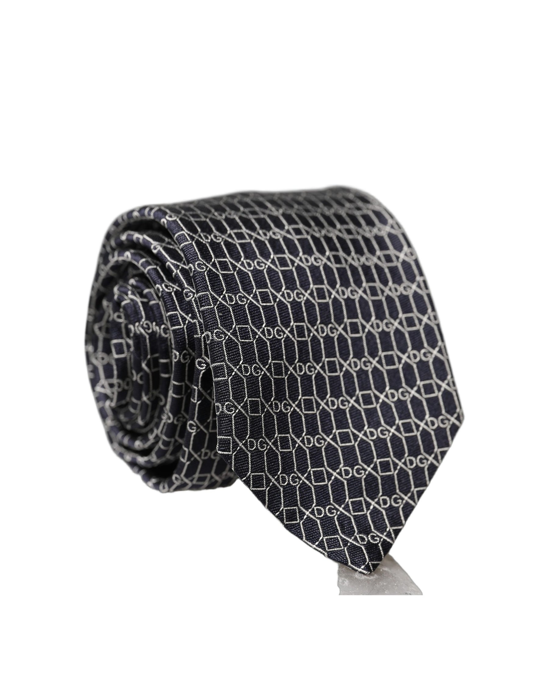 Dolce & Gabbana Black Geometric DG Silk Adjustable Men Tied Necktie Tie | Regal Royce