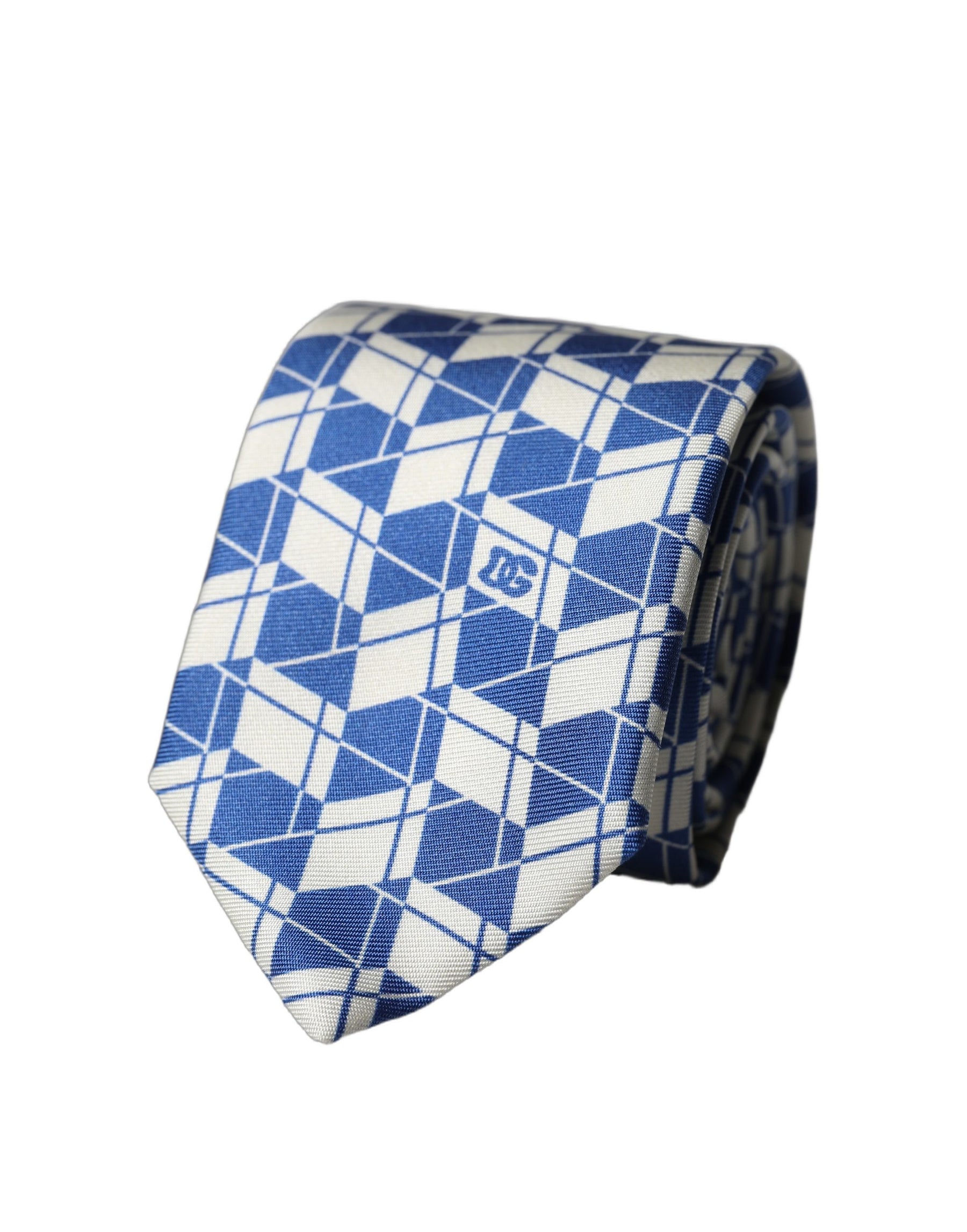 Dolce & Gabbana Blue White Geometric Silk Adjustable Men Tied Necktie Tie | Regal Royce