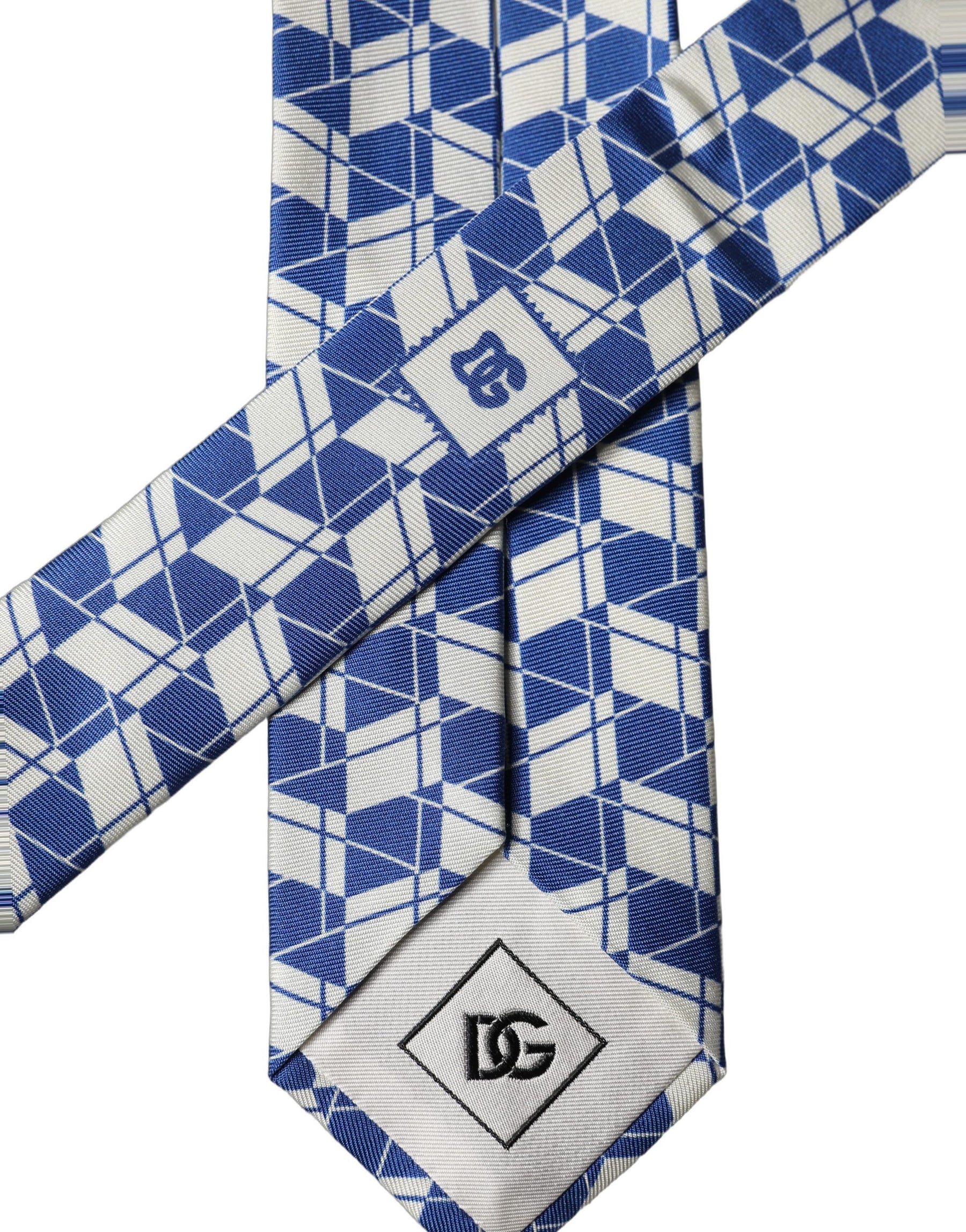 Dolce & Gabbana Blue White Geometric Silk Adjustable Men Tied Necktie Tie | Regal Royce
