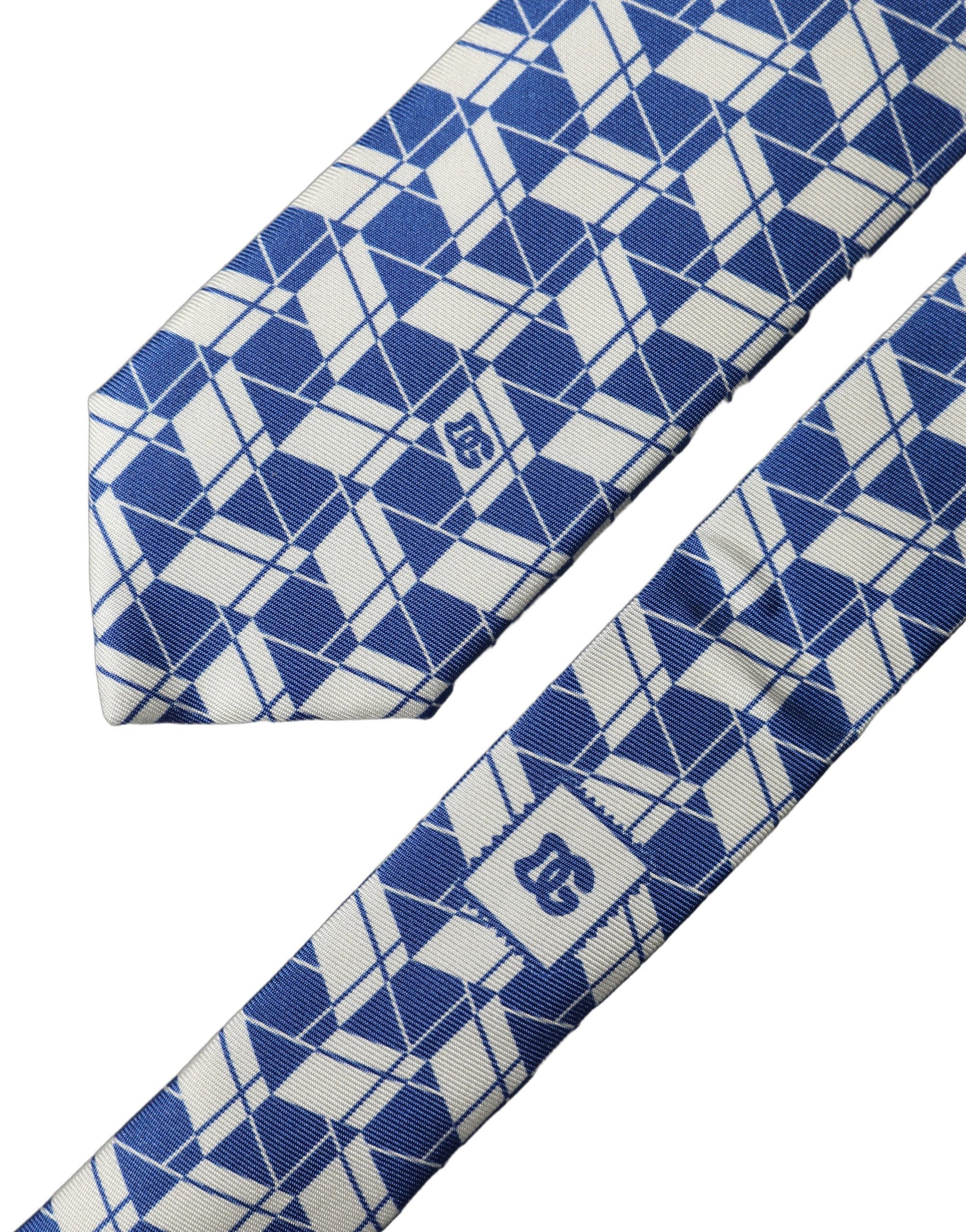 Dolce & Gabbana Blue White Geometric Silk Adjustable Men Tied Necktie Tie | Regal Royce