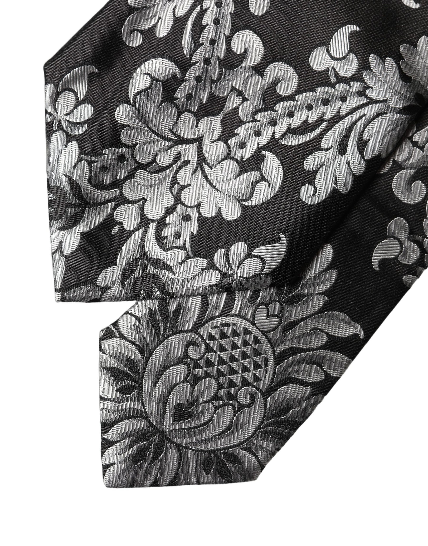 Dolce & Gabbana Black Silver Floral Silk Adjustable Women Necktie Tie | Regal Royce