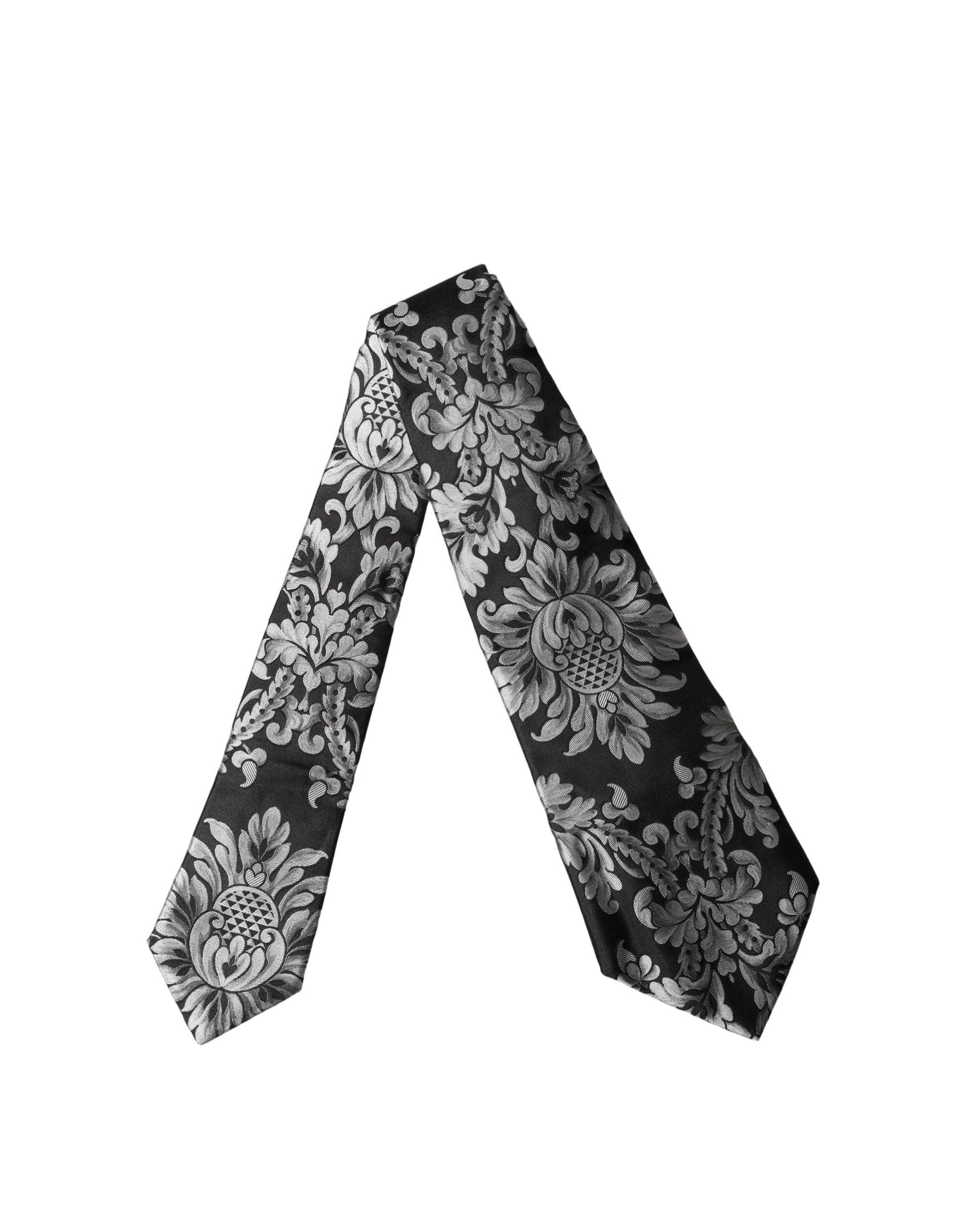 Dolce & Gabbana Black Silver Floral Silk Adjustable Women Necktie Tie | Regal Royce