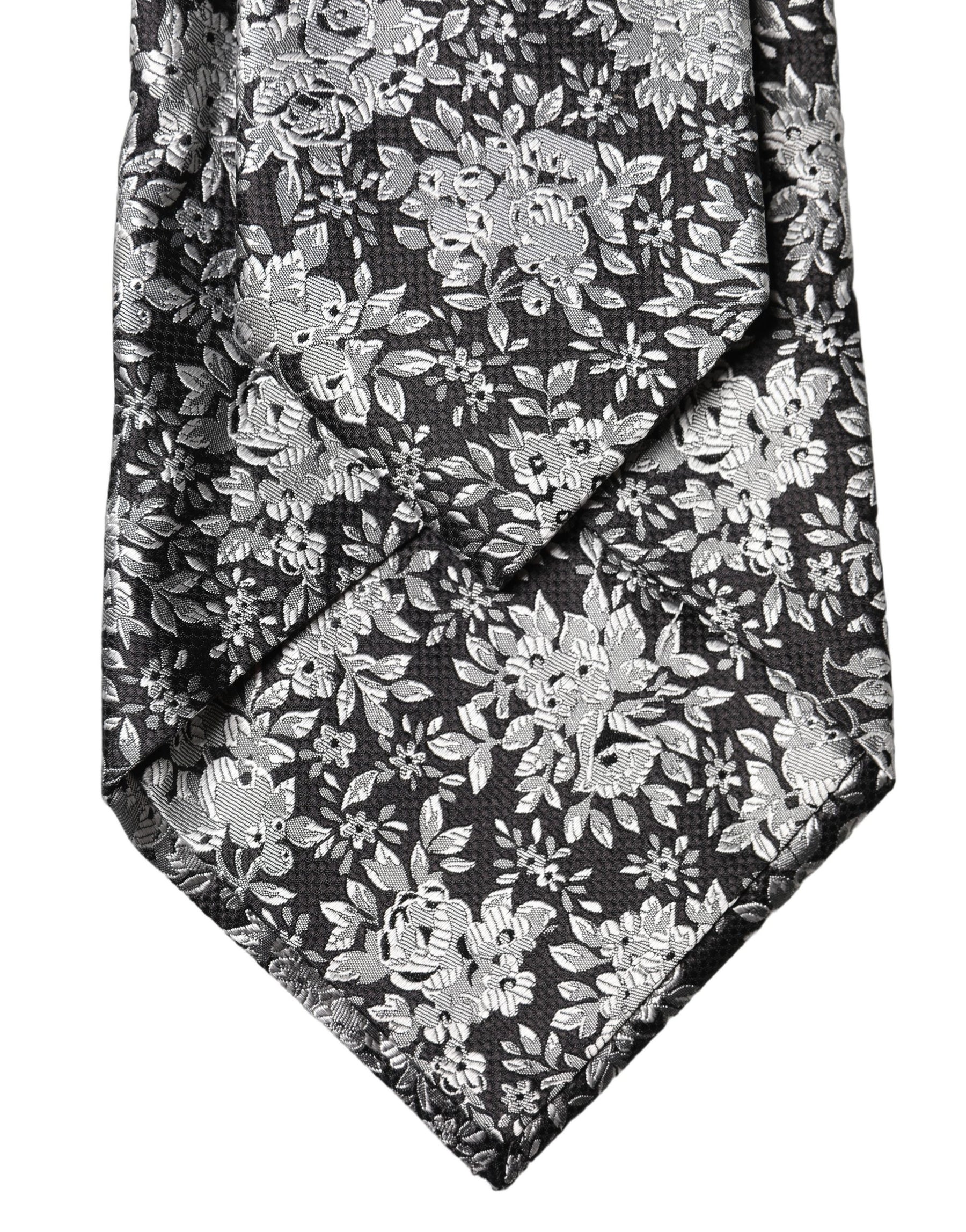 Dolce & Gabbana Black Silver Floral Silk Adjustable Women Necktie Tie | Regal Royce
