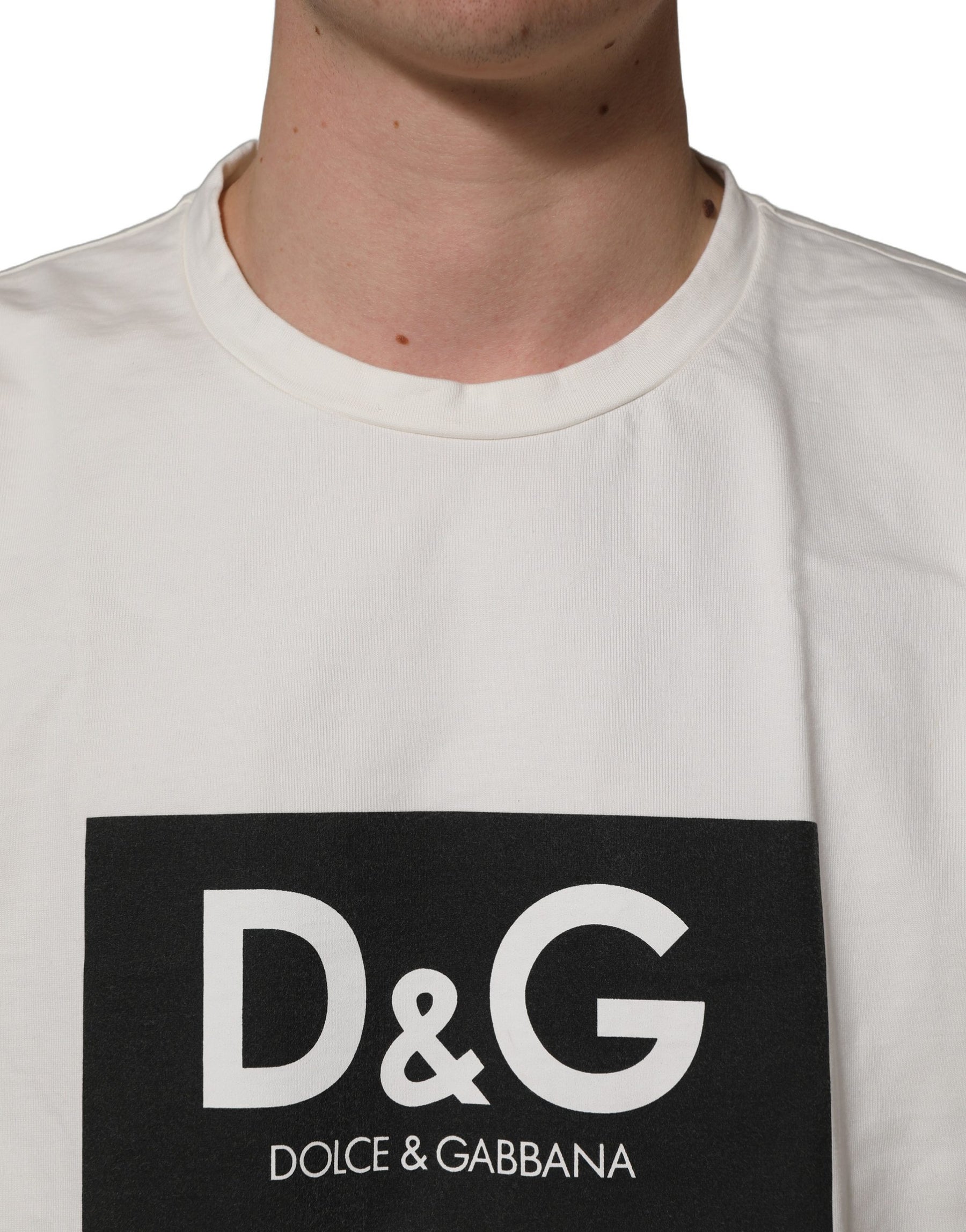 Dolce & Gabbana White Logo Print Cotton Crew Neck Men T-shirt | Regal Royce