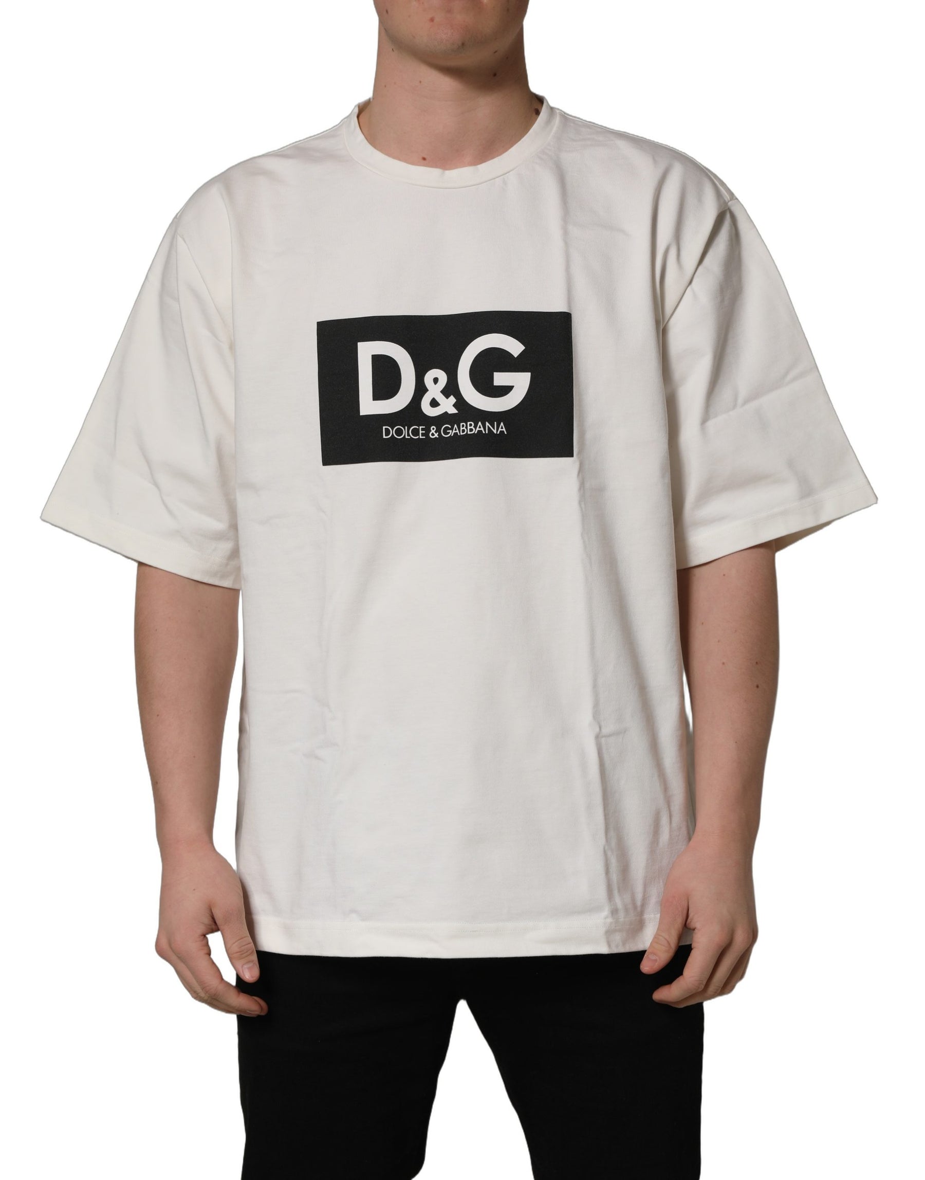 Dolce & Gabbana White Logo Print Cotton Crew Neck Men T-shirt | Regal Royce