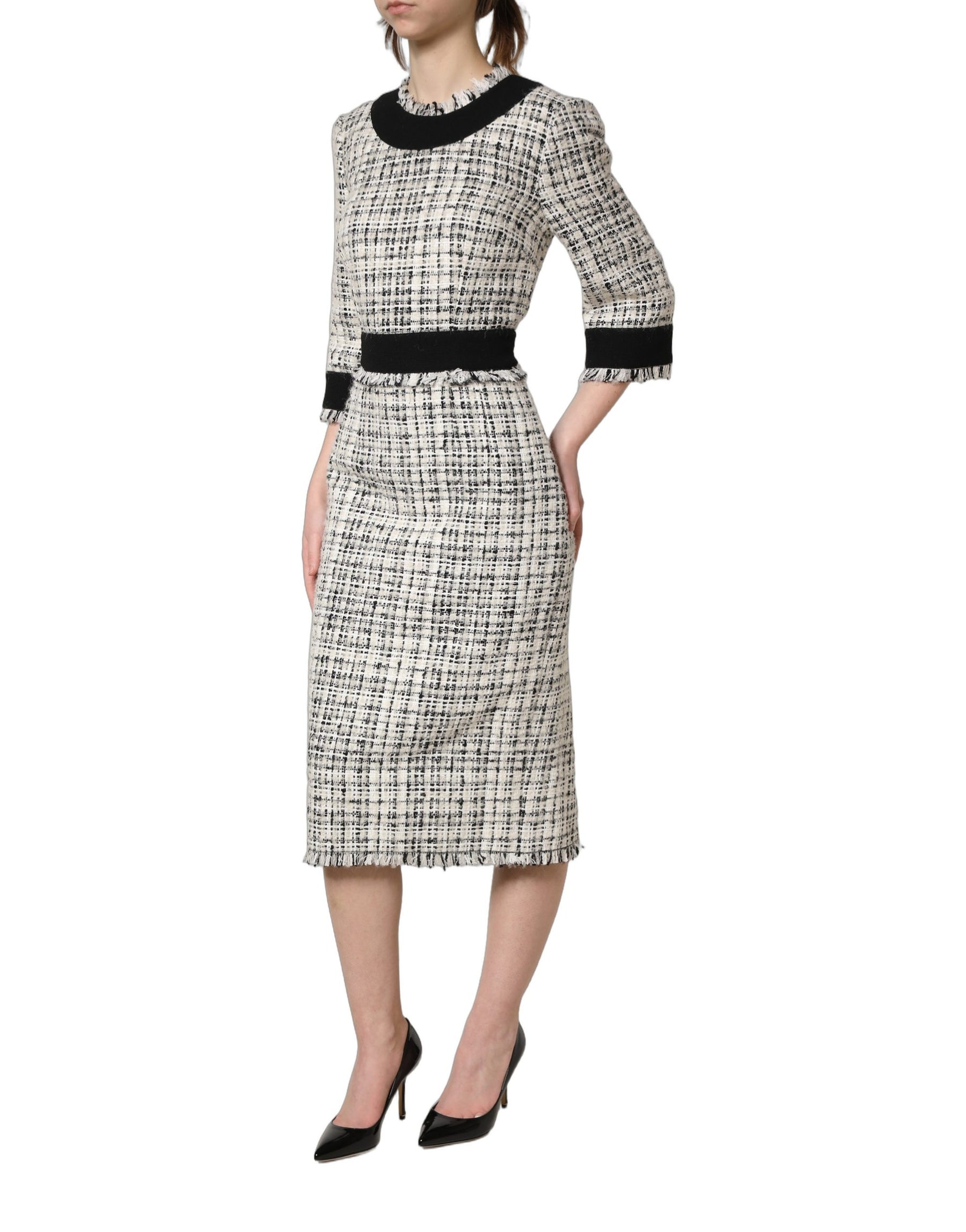 Dolce & Gabbana Black White Tweed Sheath A-line Midi Dress | Regal Royce
