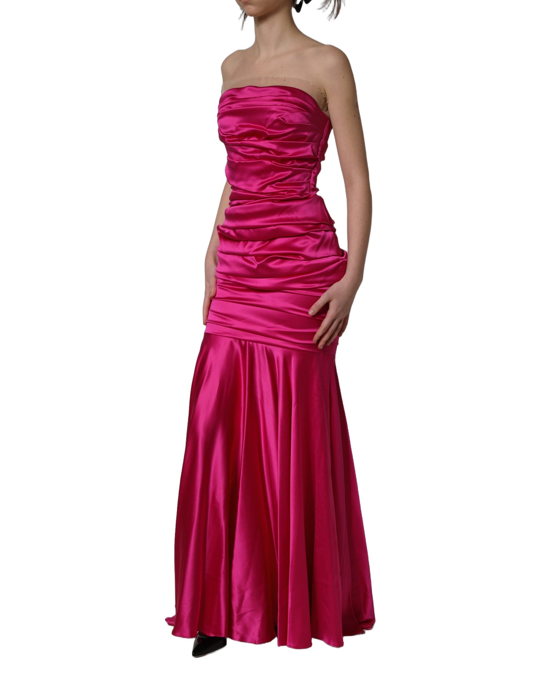 Dolce & Gabbana Hot Pink Ruched Satin Strapless Gown Dress | Regal Royce