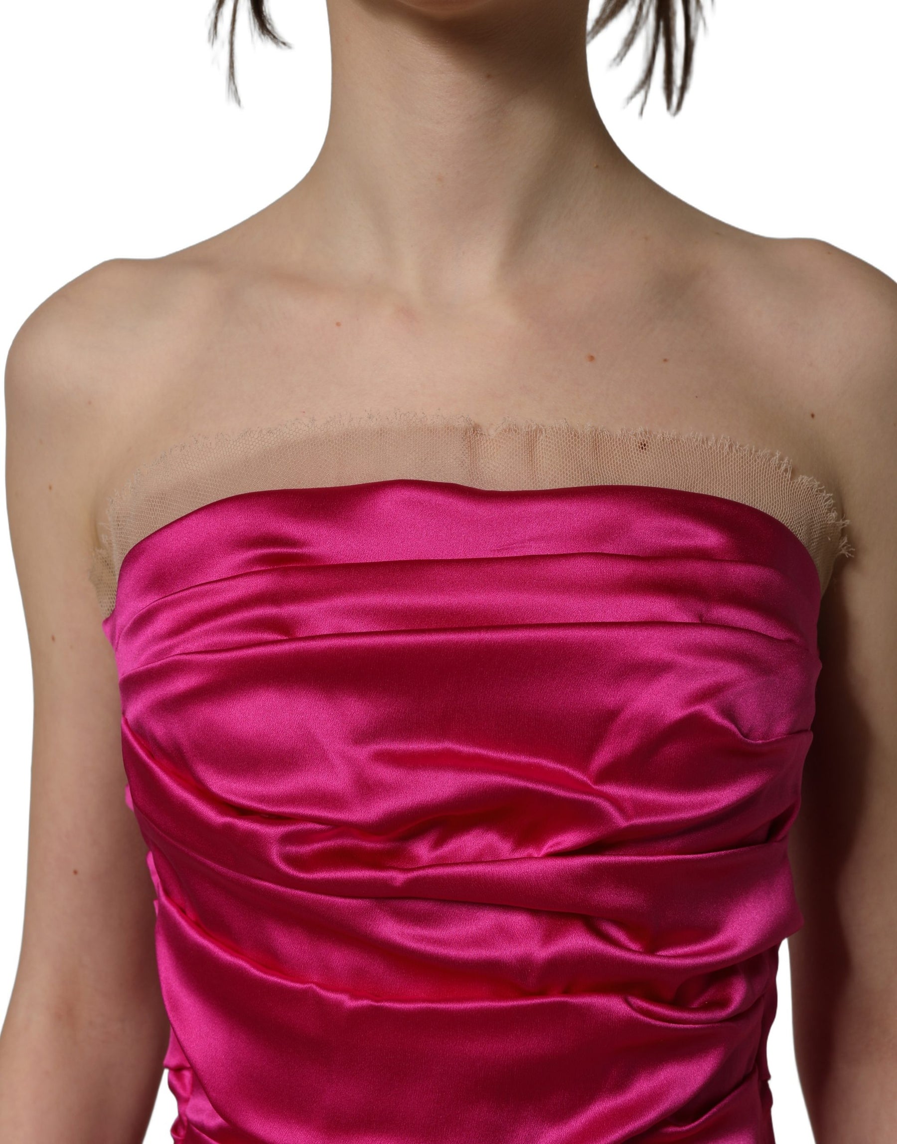 Dolce & Gabbana Hot Pink Ruched Satin Strapless Gown Dress | Regal Royce