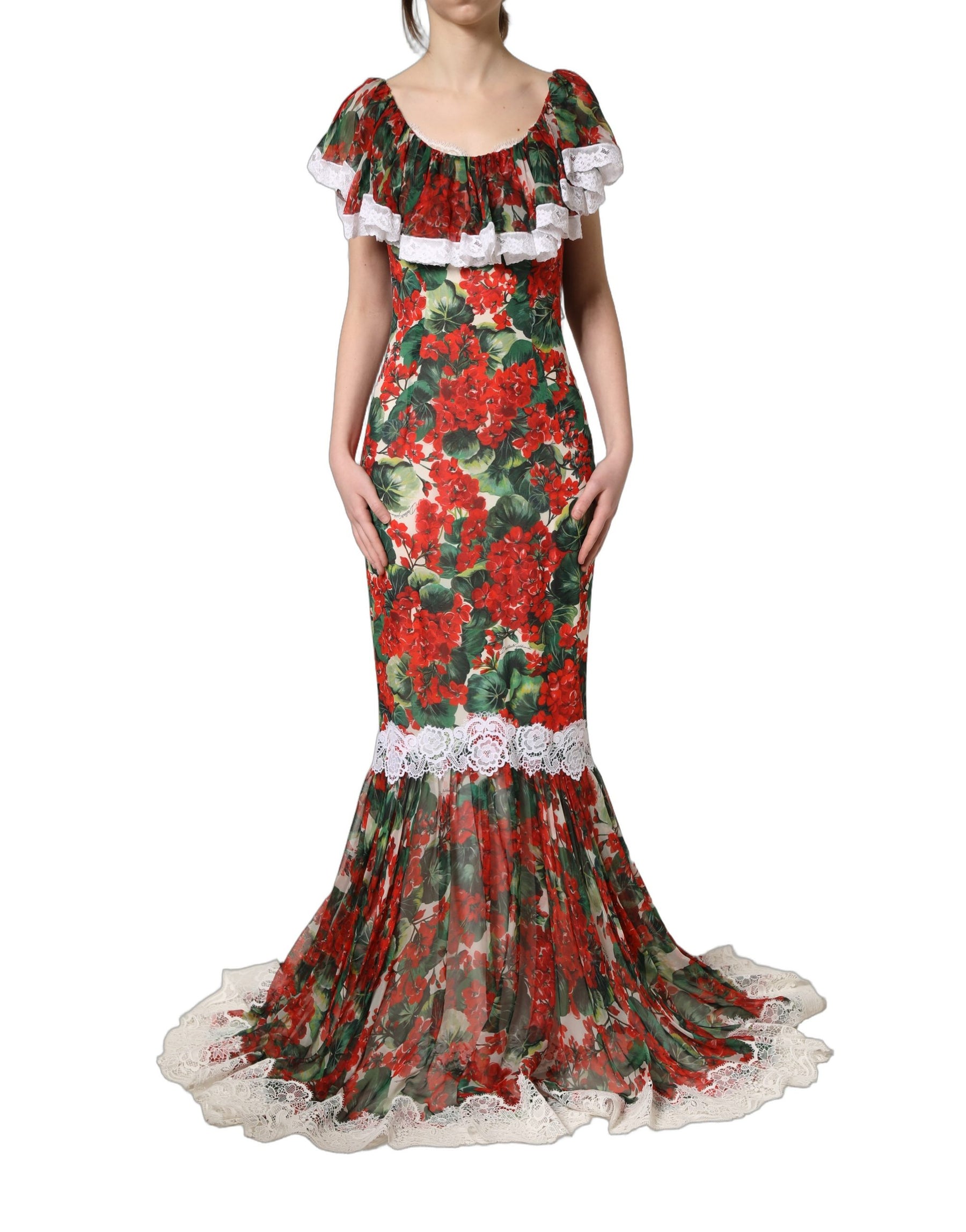 Dolce & Gabbana Multicolor Geranium Flower Lace Maxi Dress | Regal Royce