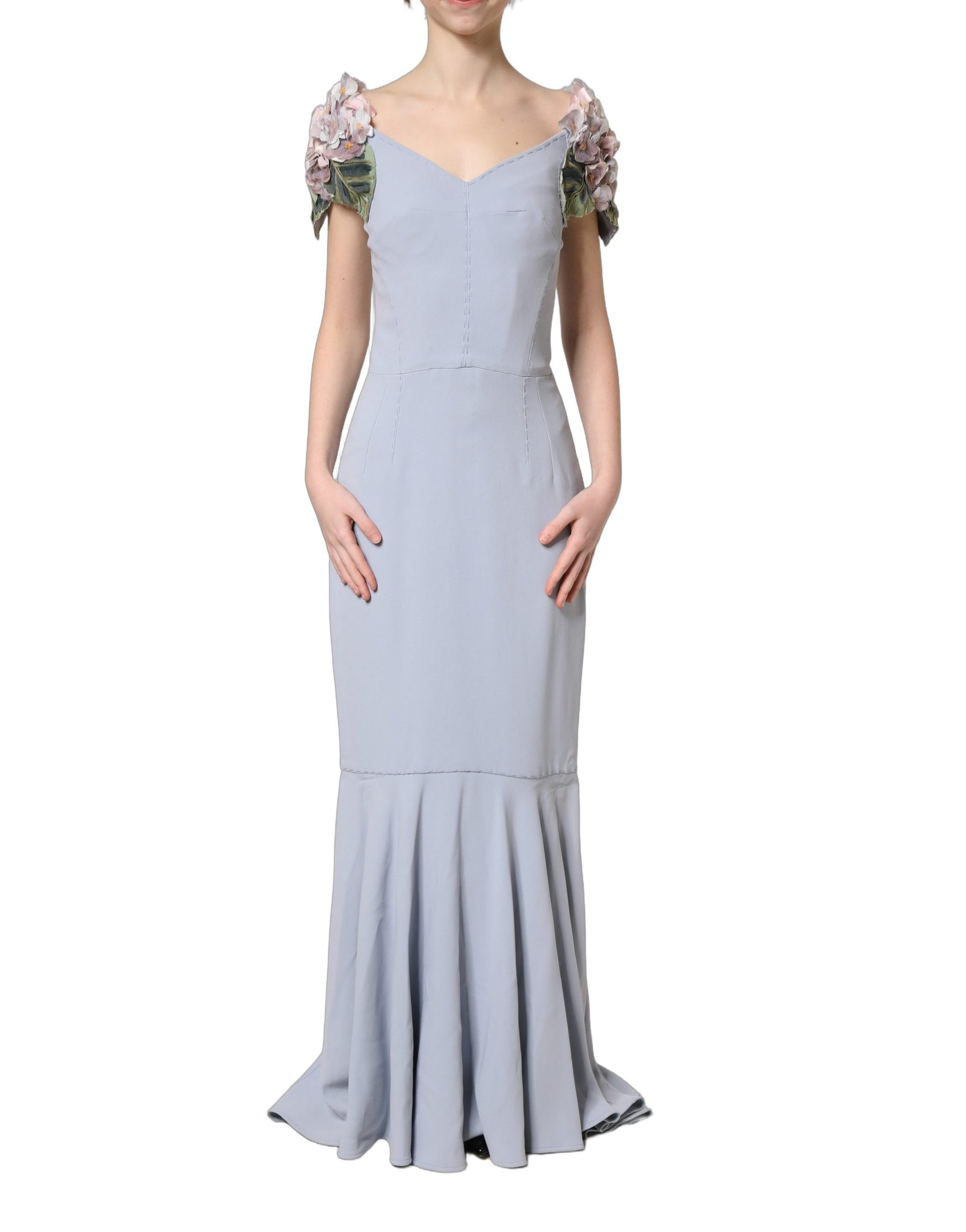 Dolce & Gabbana Light Blue Hydrangea Embellished Cap Sleeve Dress | Regal Royce