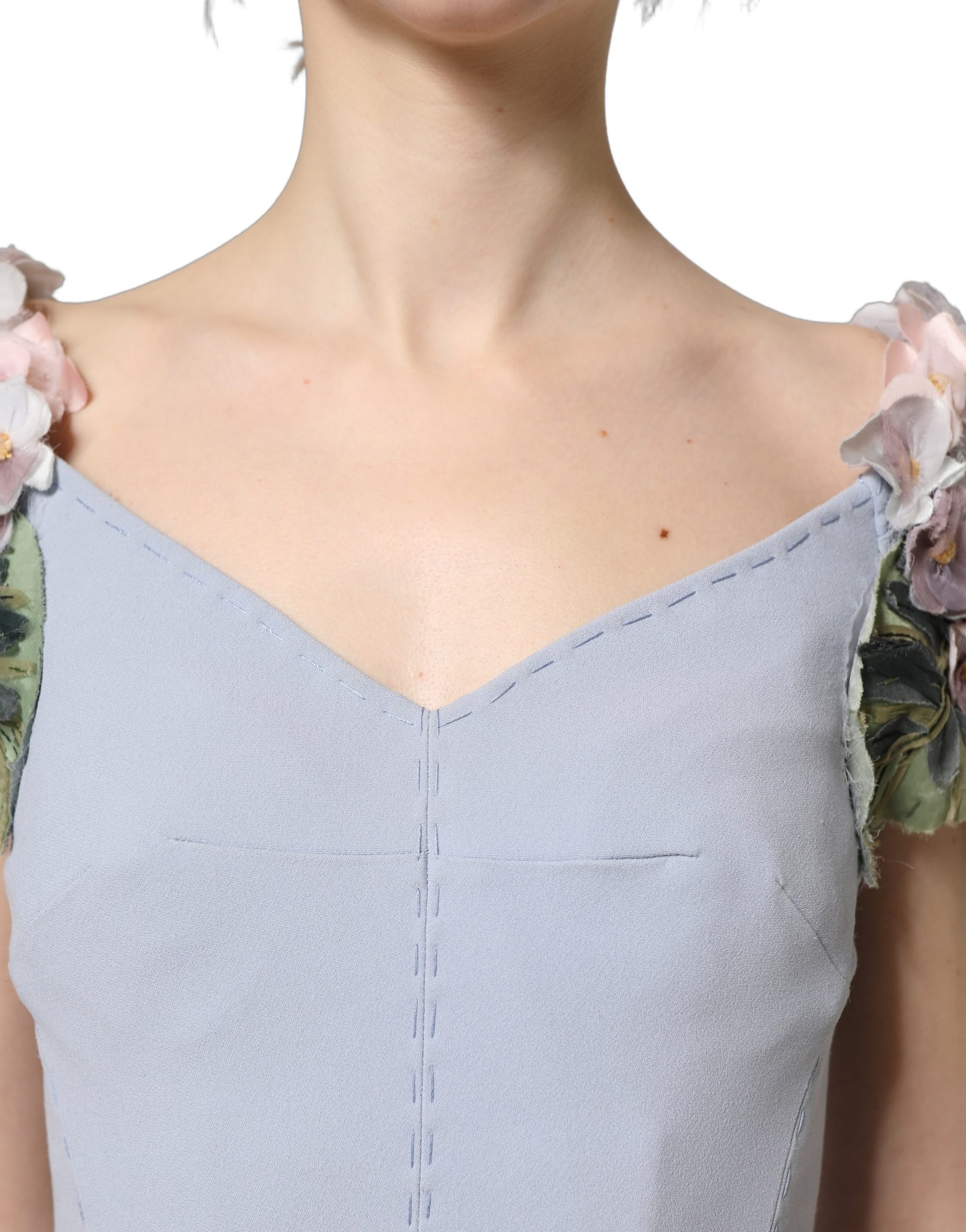 Dolce & Gabbana Light Blue Hydrangea Embellished Cap Sleeve Dress | Regal Royce