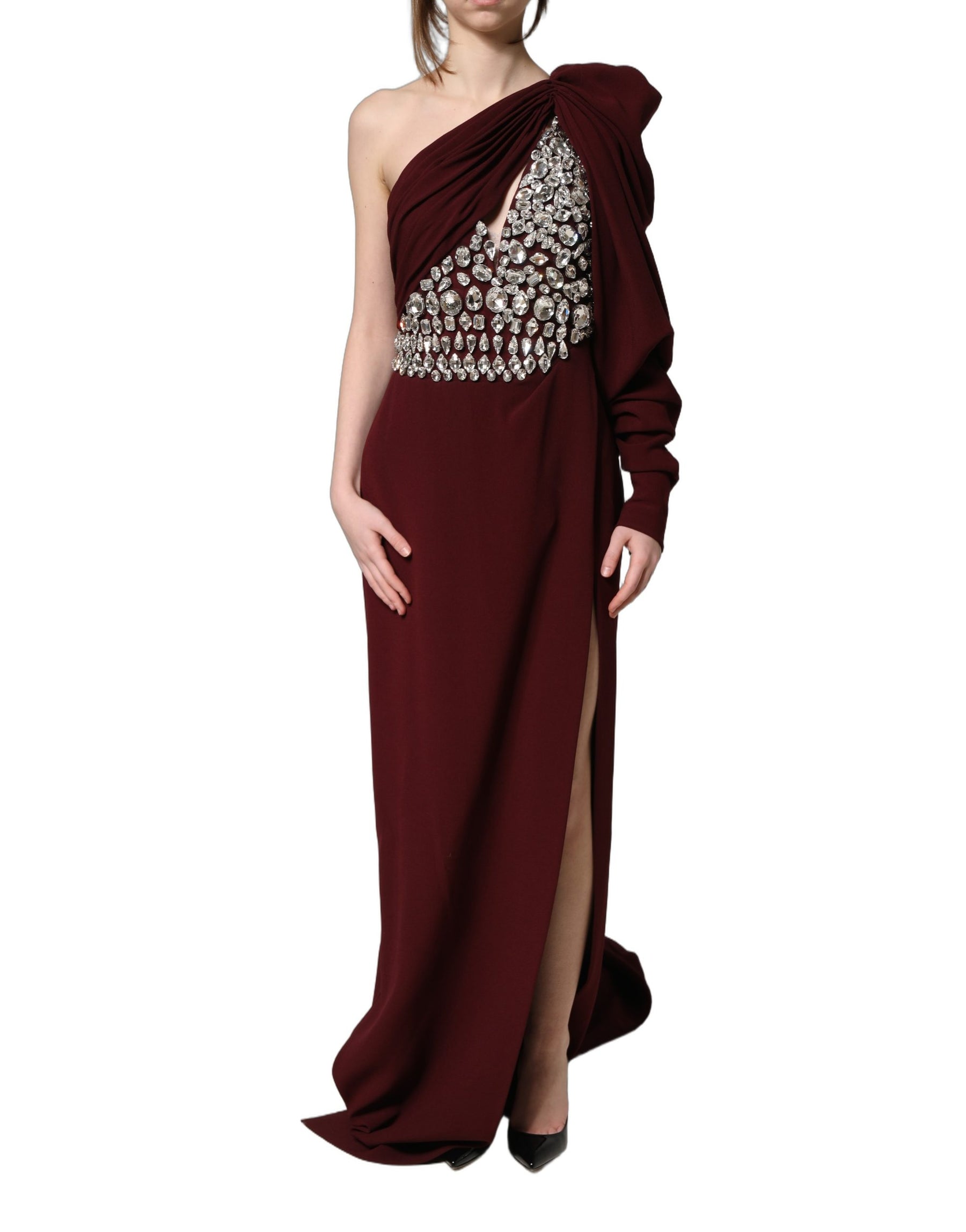 Dolce & Gabbana Maroon Crystal One Shoulder EveningGown Dress | Regal Royce
