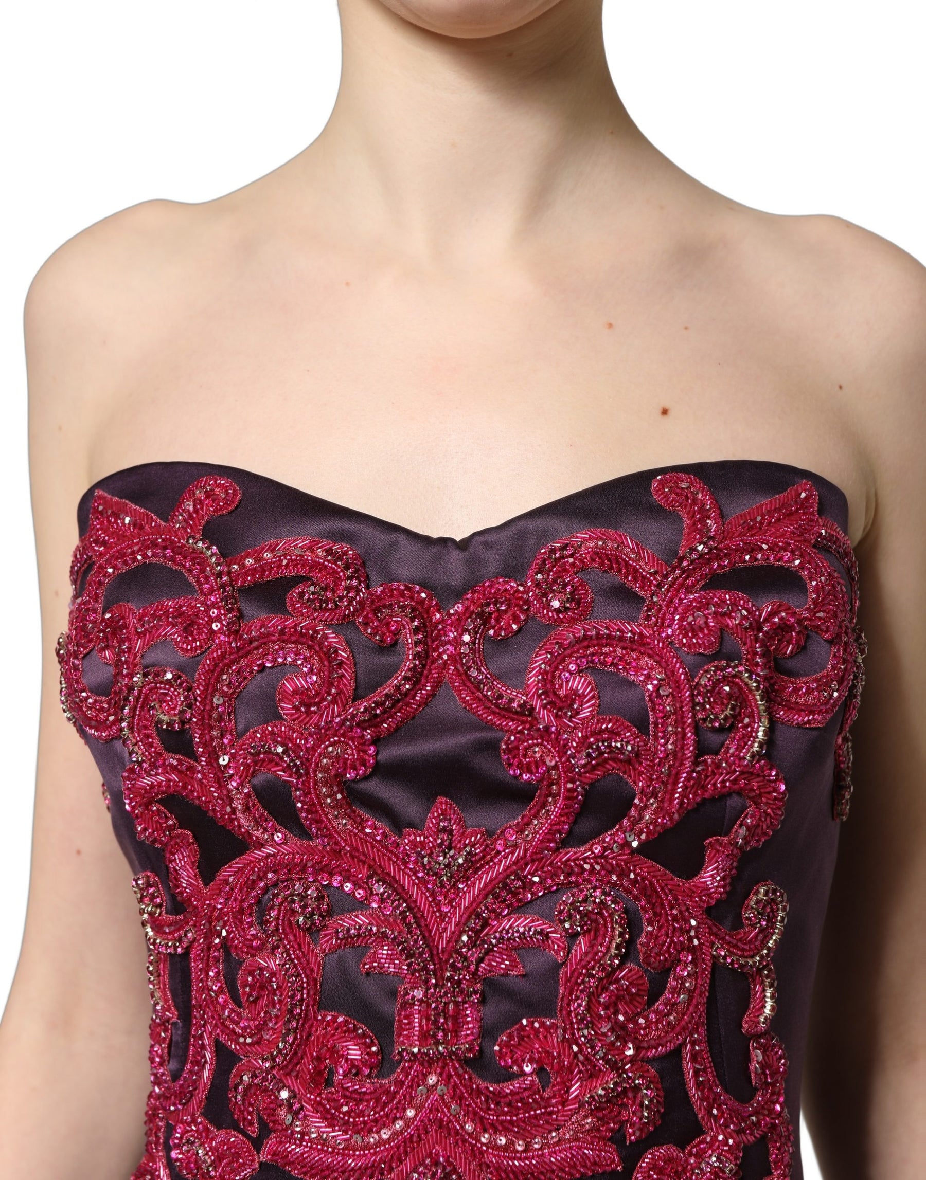 Dolce & Gabbana Purple Silk Crystal Strapless Floor Length Gown Dress | Regal Royce