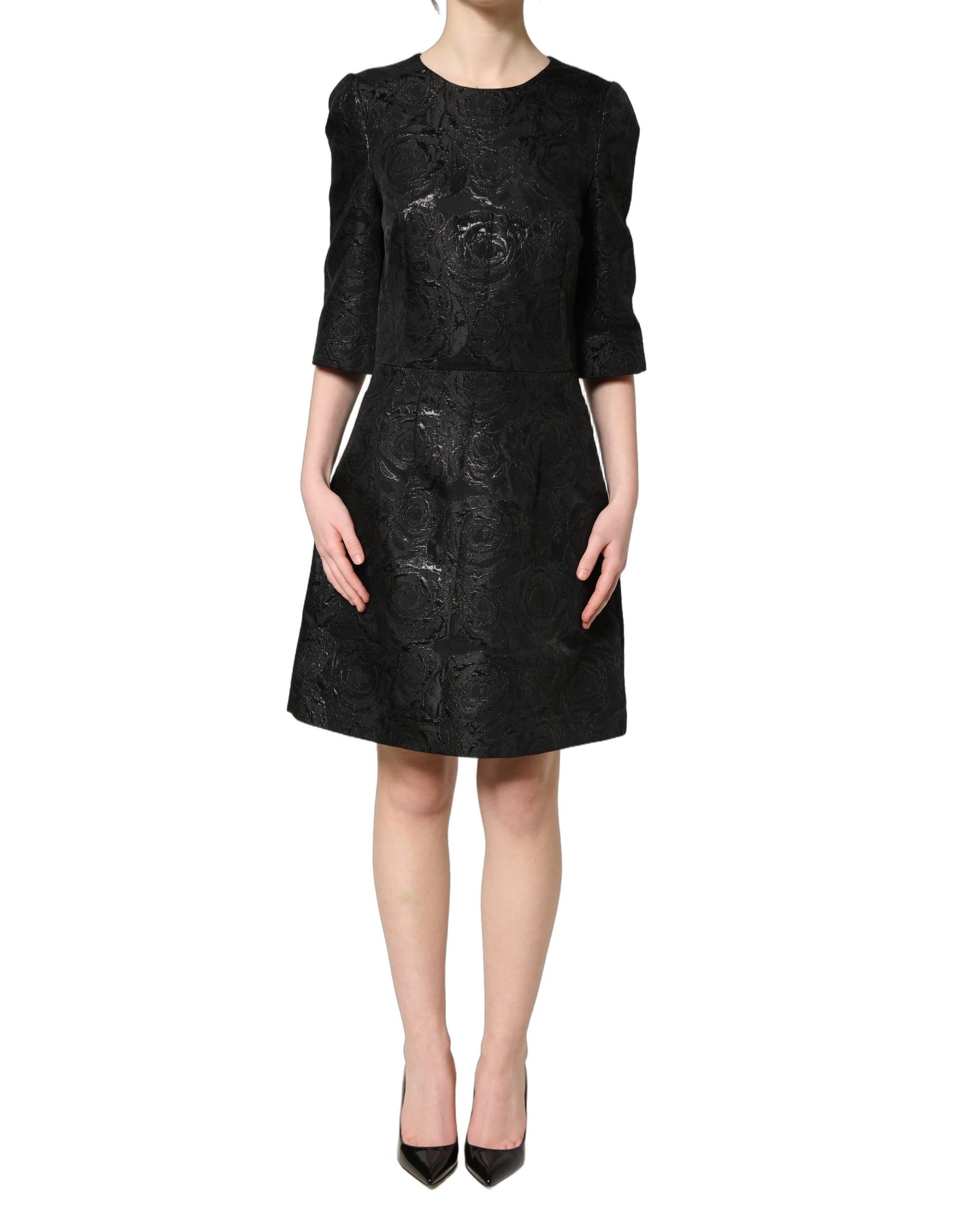 Dolce & Gabbana Black Floral Jacquard Flared A-line Dress | Regal Royce