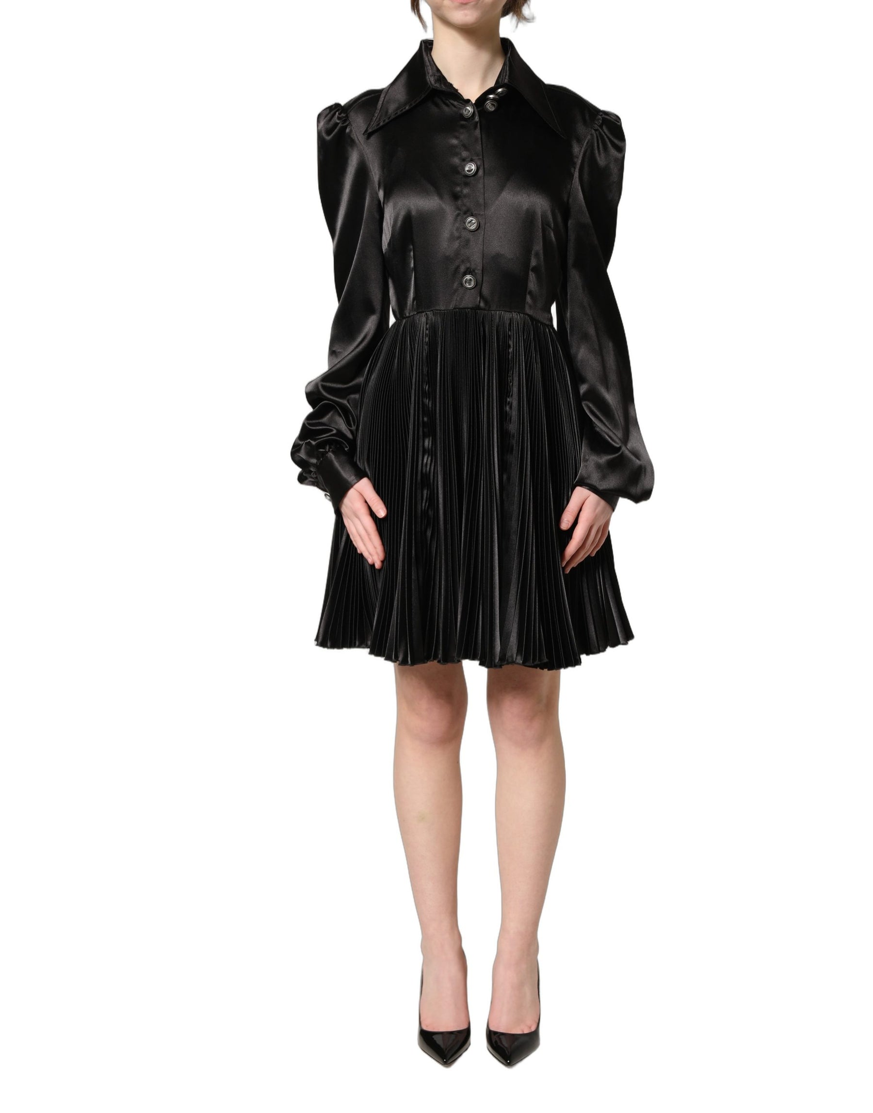 Dolce & Gabbana Black Satin Long Puff Sleeves Pleated Dress | Regal Royce