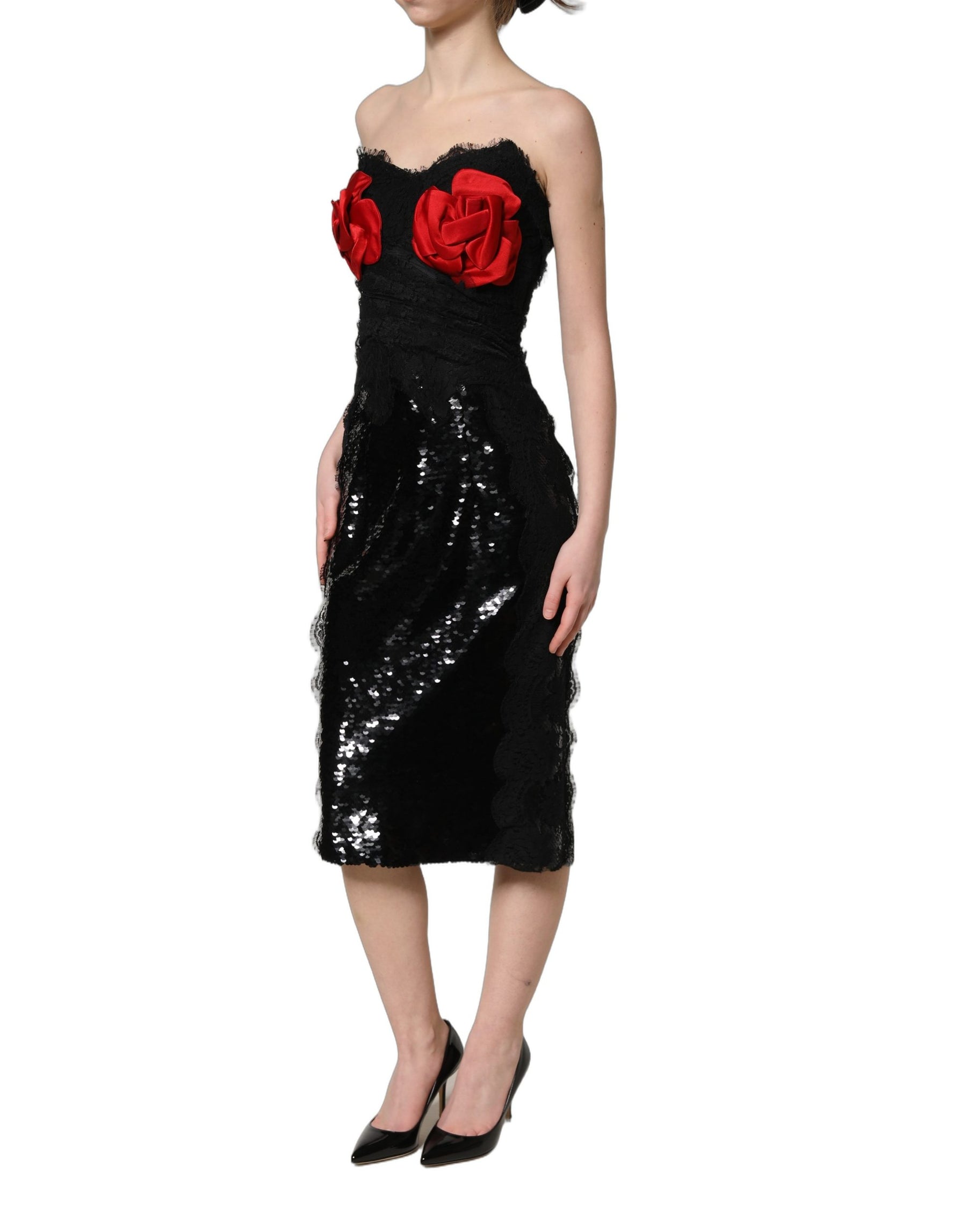 Dolce & Gabbana Black Strapless Red Rose Sequined Midi Dress | Regal Royce