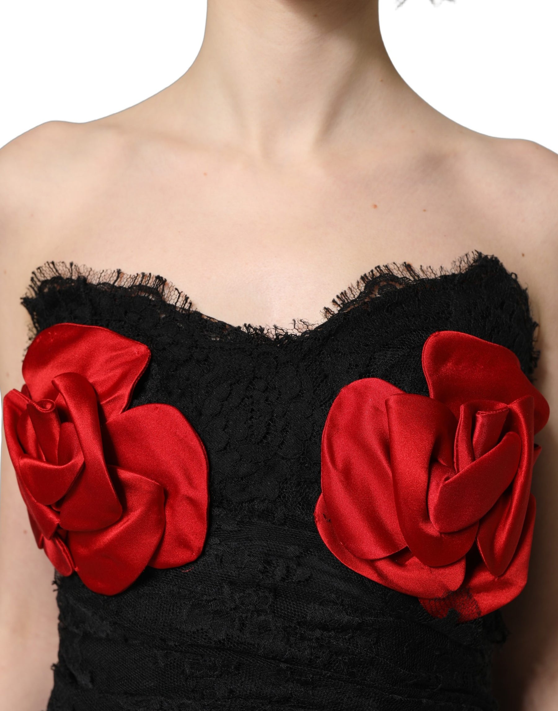 Dolce & Gabbana Black Strapless Red Rose Sequined Midi Dress | Regal Royce