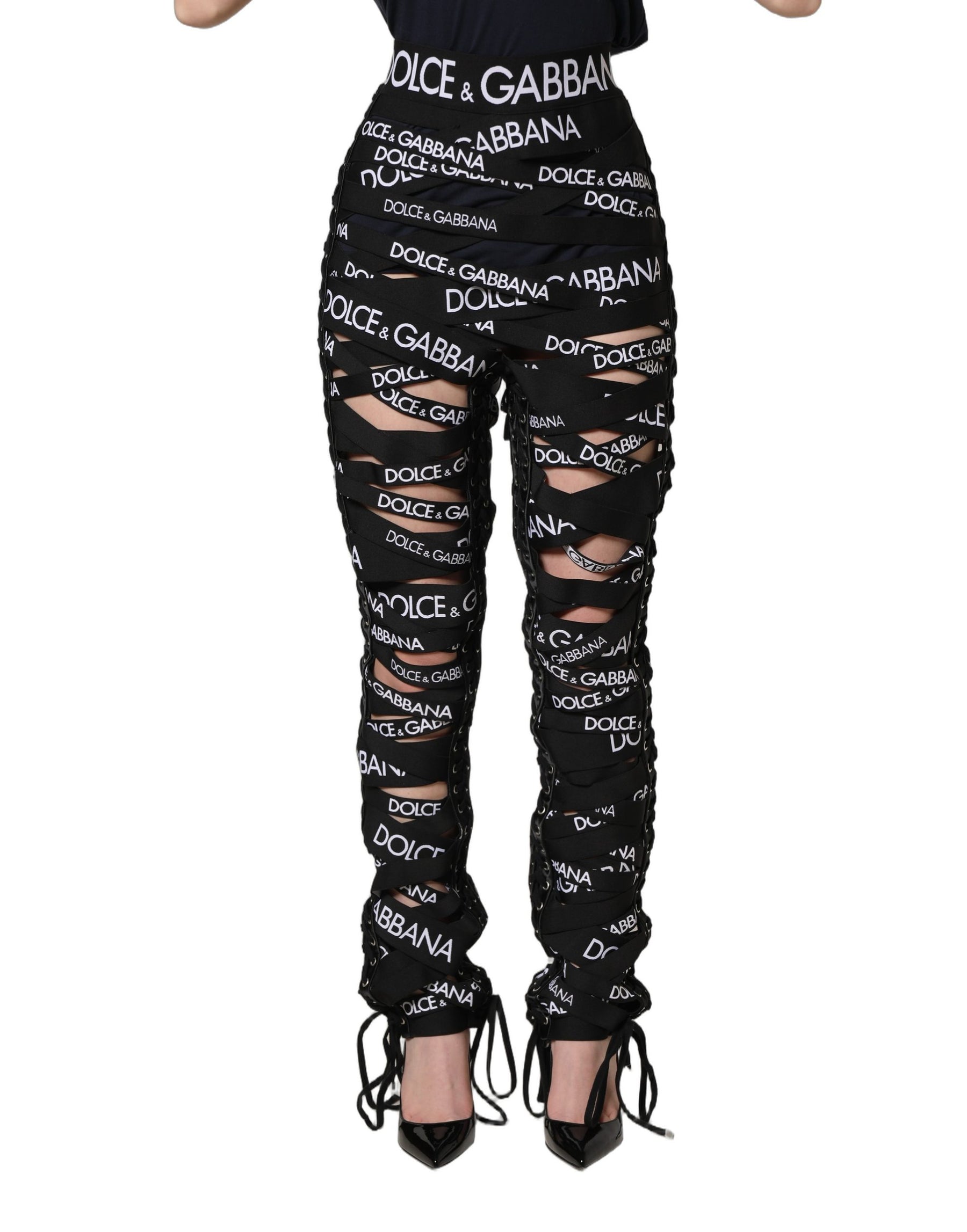 Dolce & Gabbana Black Logo Tape Cut Out Skinny High Waist Pants | Regal Royce