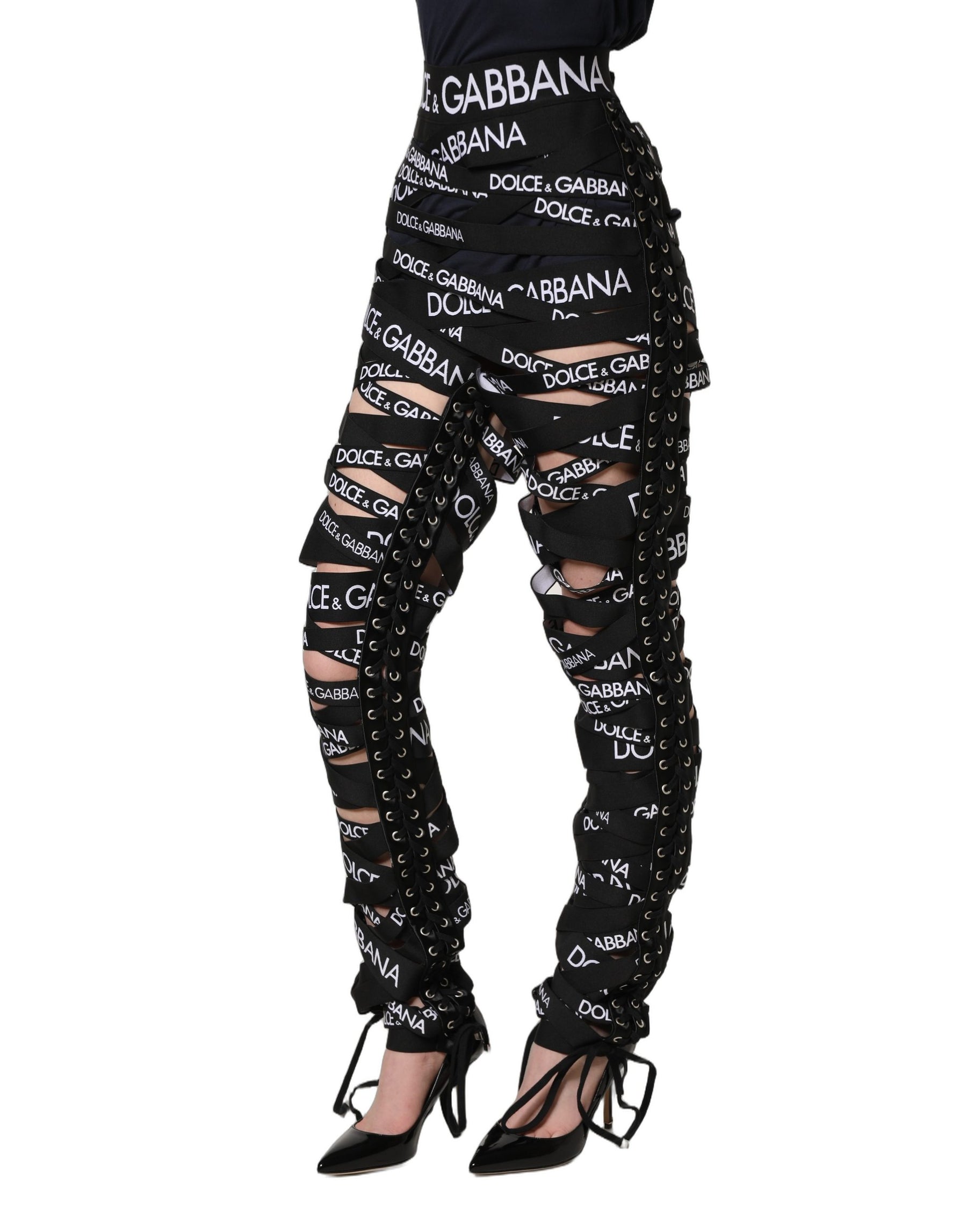 Dolce & Gabbana Black Logo Tape Cut Out Skinny High Waist Pants | Regal Royce