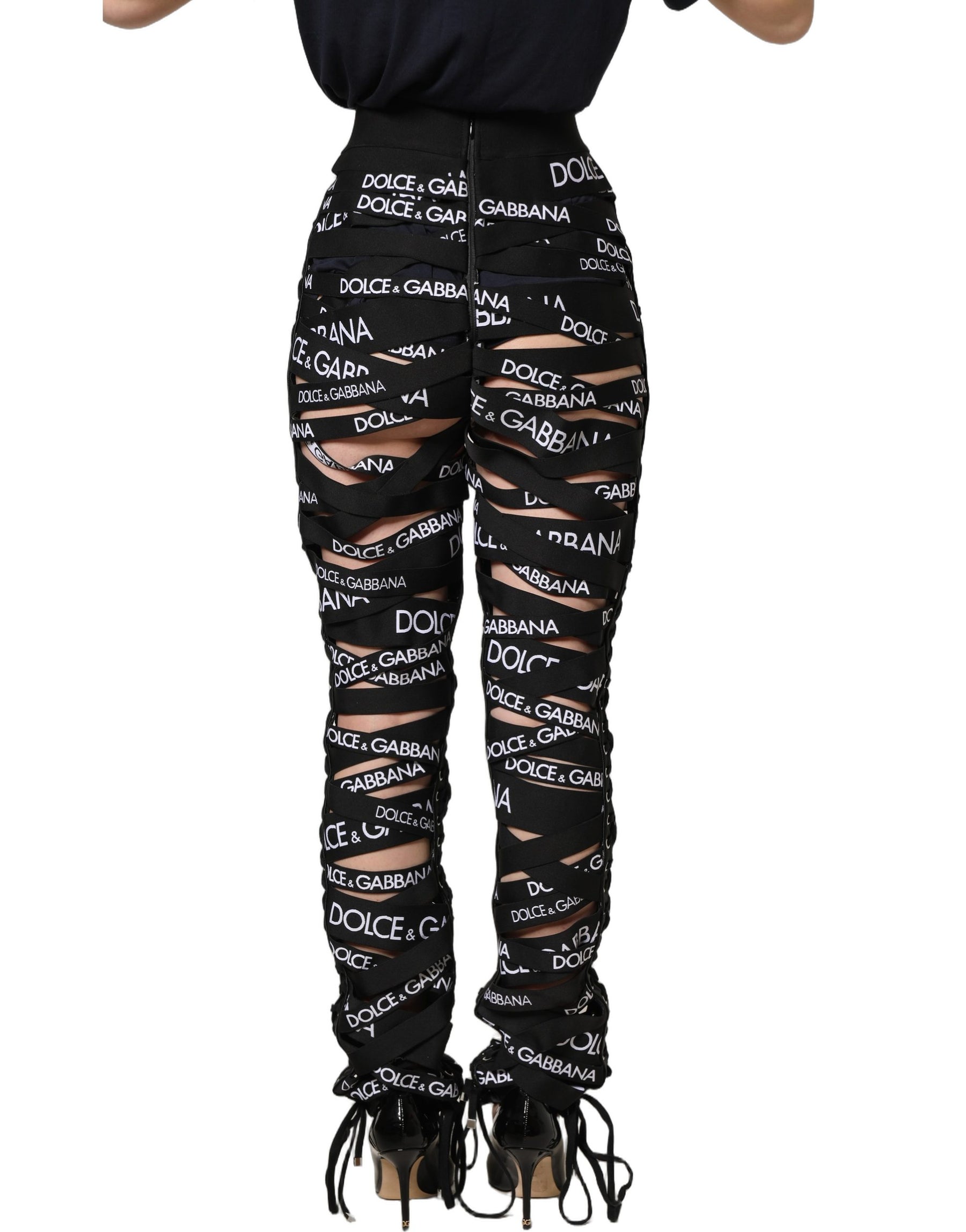 Dolce & Gabbana Black Logo Tape Cut Out Skinny High Waist Pants | Regal Royce