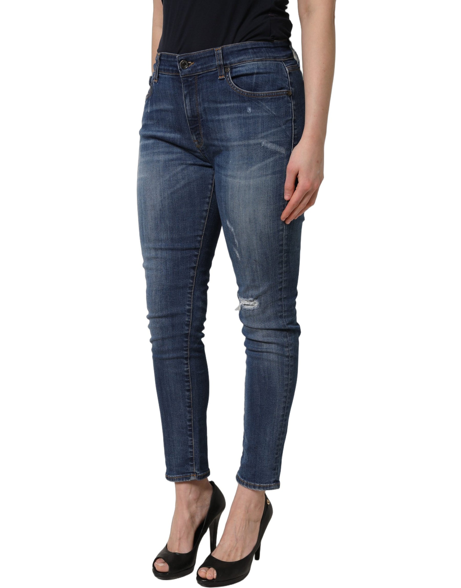 Dolce & Gabbana Blue Tattered Skinny Mid Waist Denim Jeans | Regal Royce