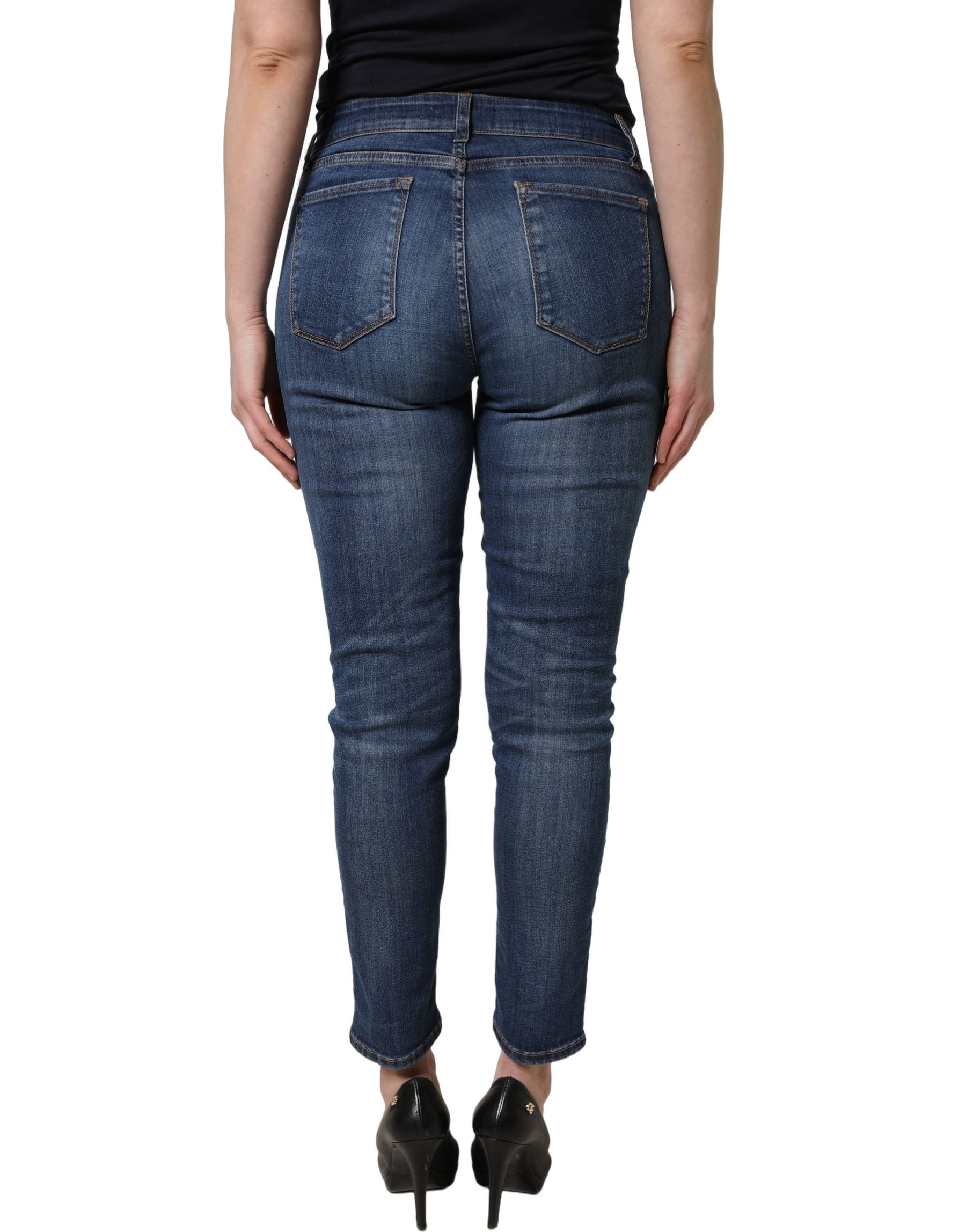 Dolce & Gabbana Blue Tattered Skinny Mid Waist Denim Jeans | Regal Royce