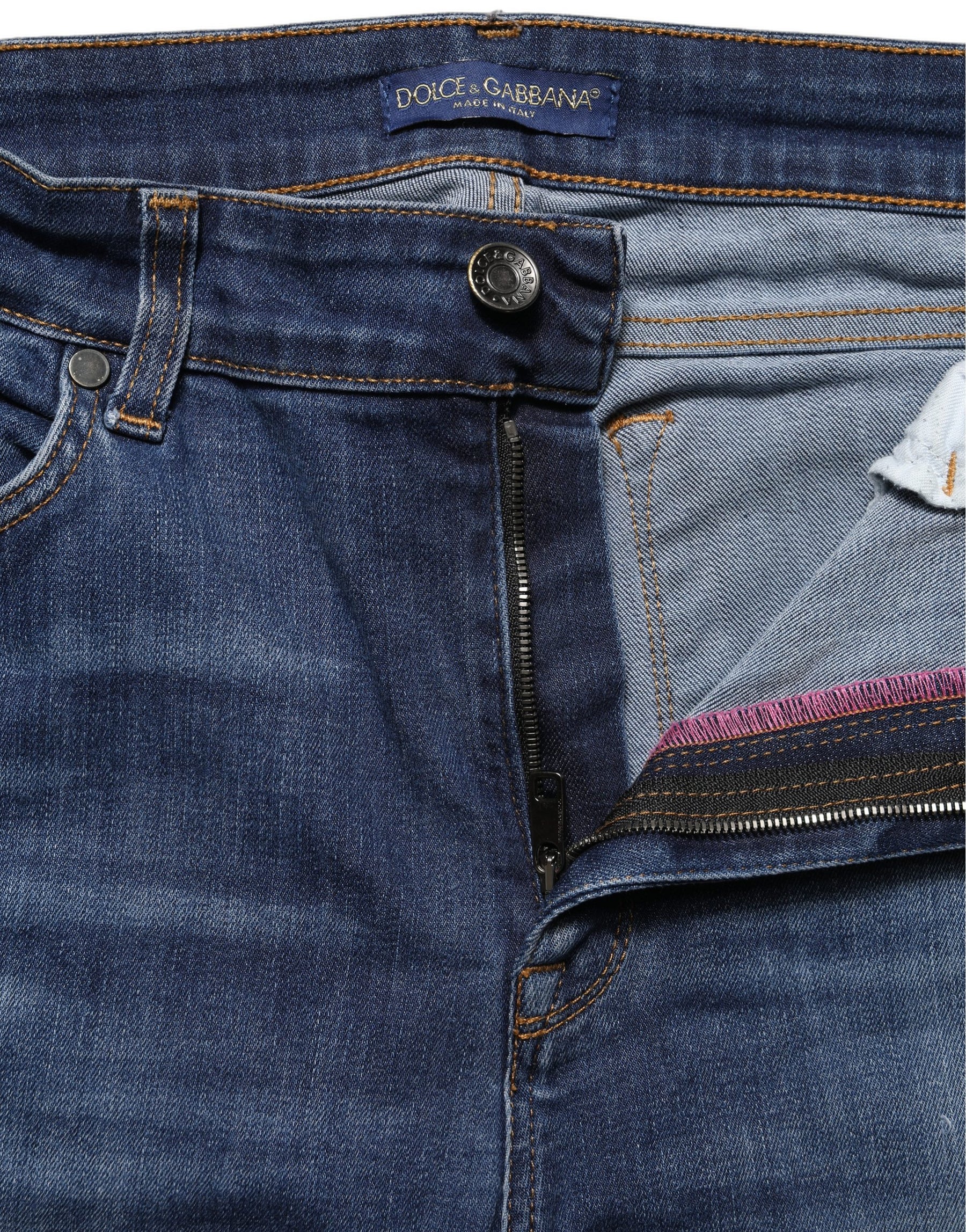Dolce & Gabbana Blue Tattered Skinny Mid Waist Denim Jeans | Regal Royce