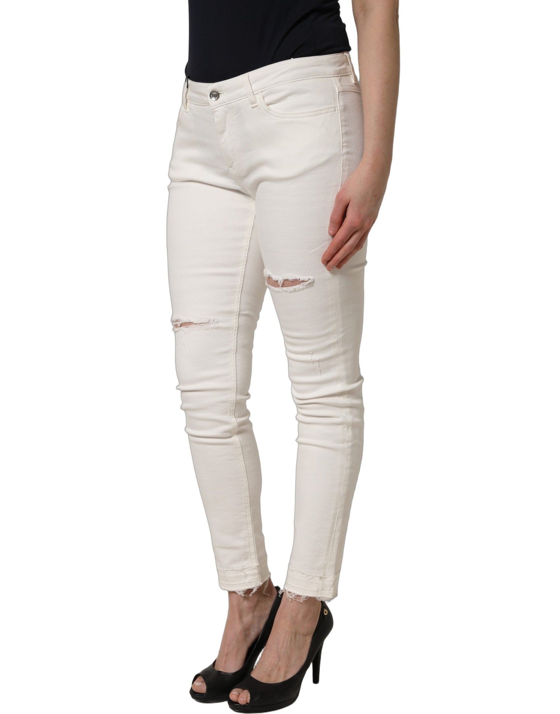 Dolce & Gabbana White Tattered Skinny Cotton Denim Jeans | Regal Royce
