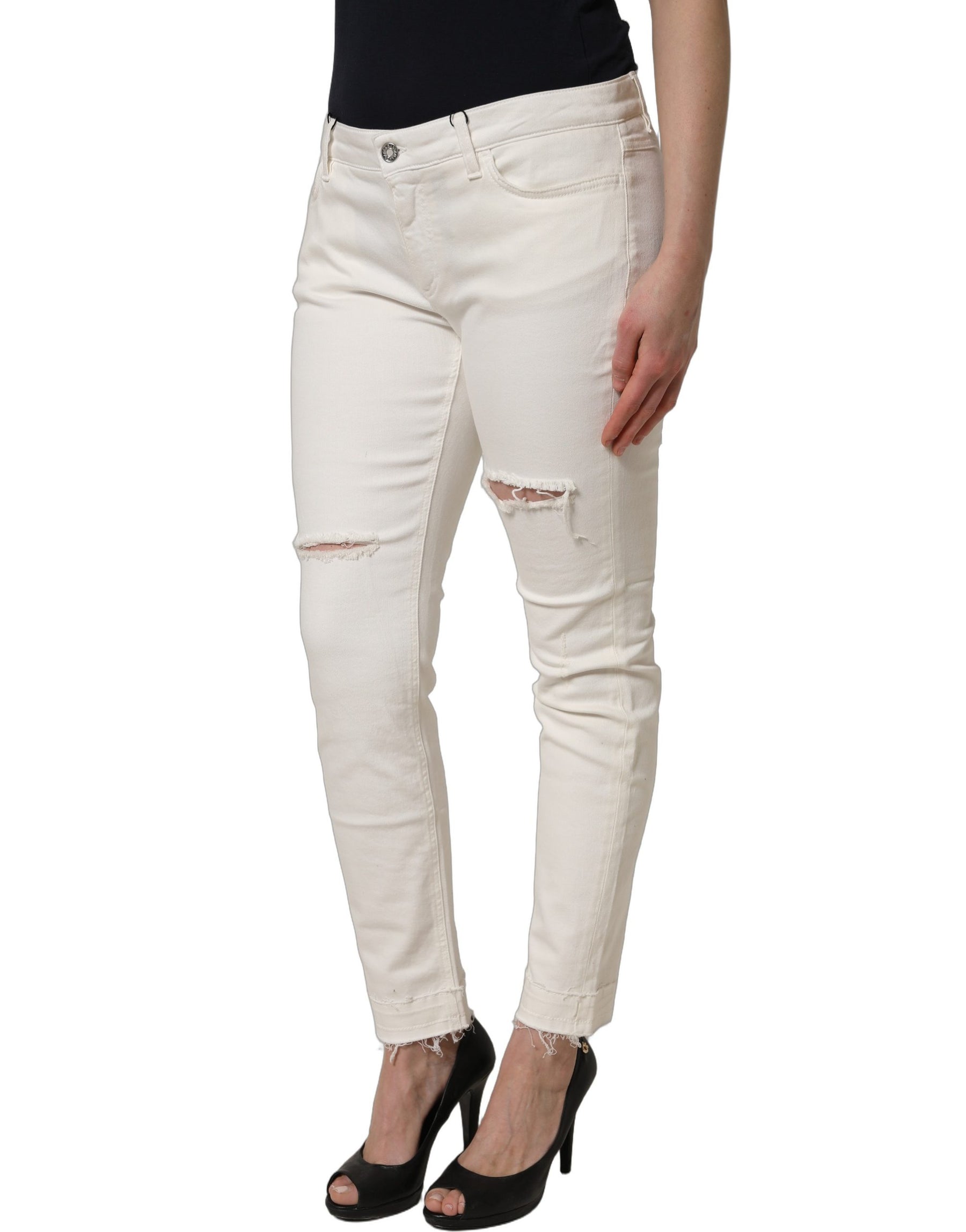 Dolce & Gabbana White Tattered Skinny Cotton Denim Jeans | Regal Royce