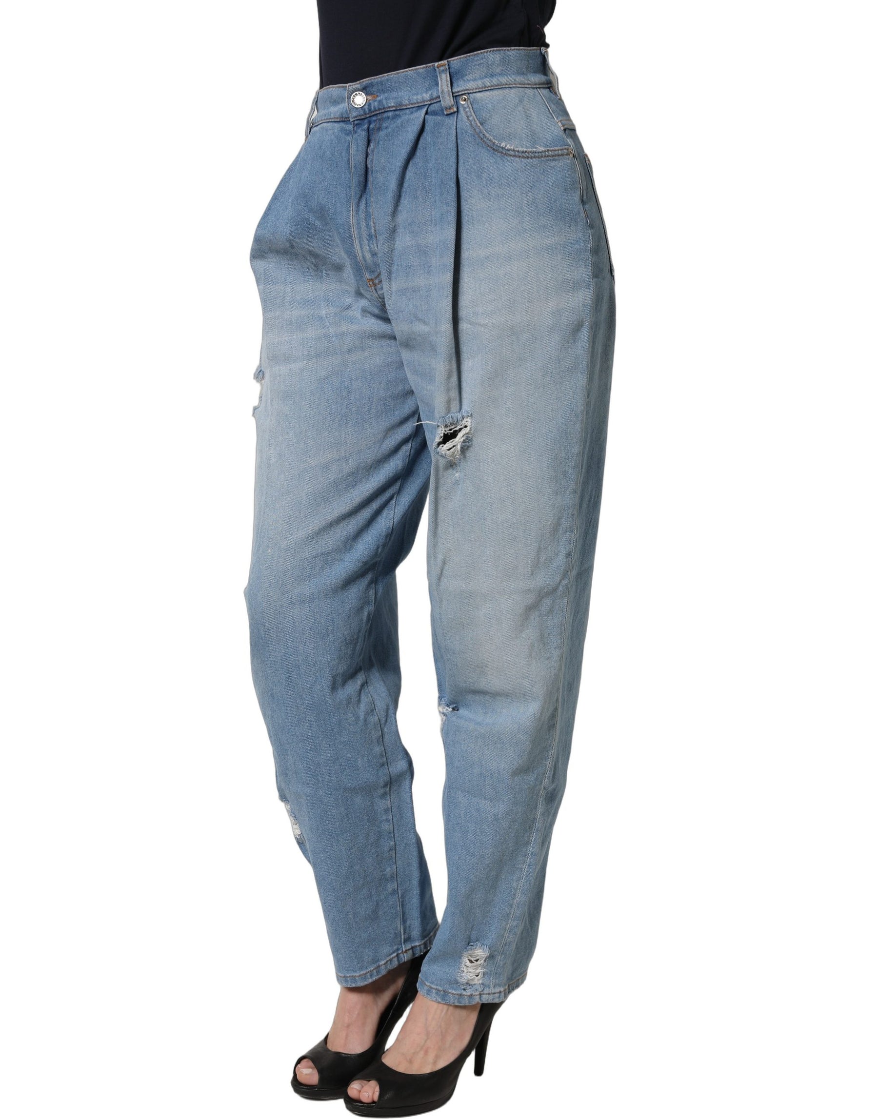 Dolce & Gabbana Blue Distressed Pleated Cotton Denim Jeans | Regal Royce