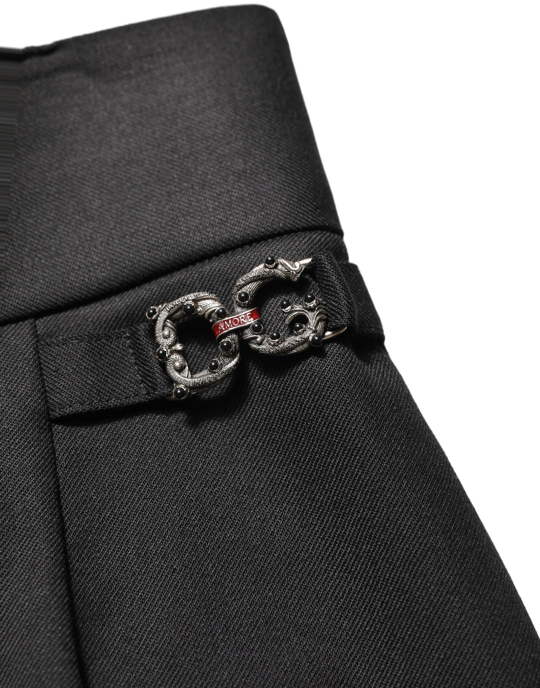 Dolce & Gabbana Black Wool High Waisted Logo Trouser Pants | Regal Royce
