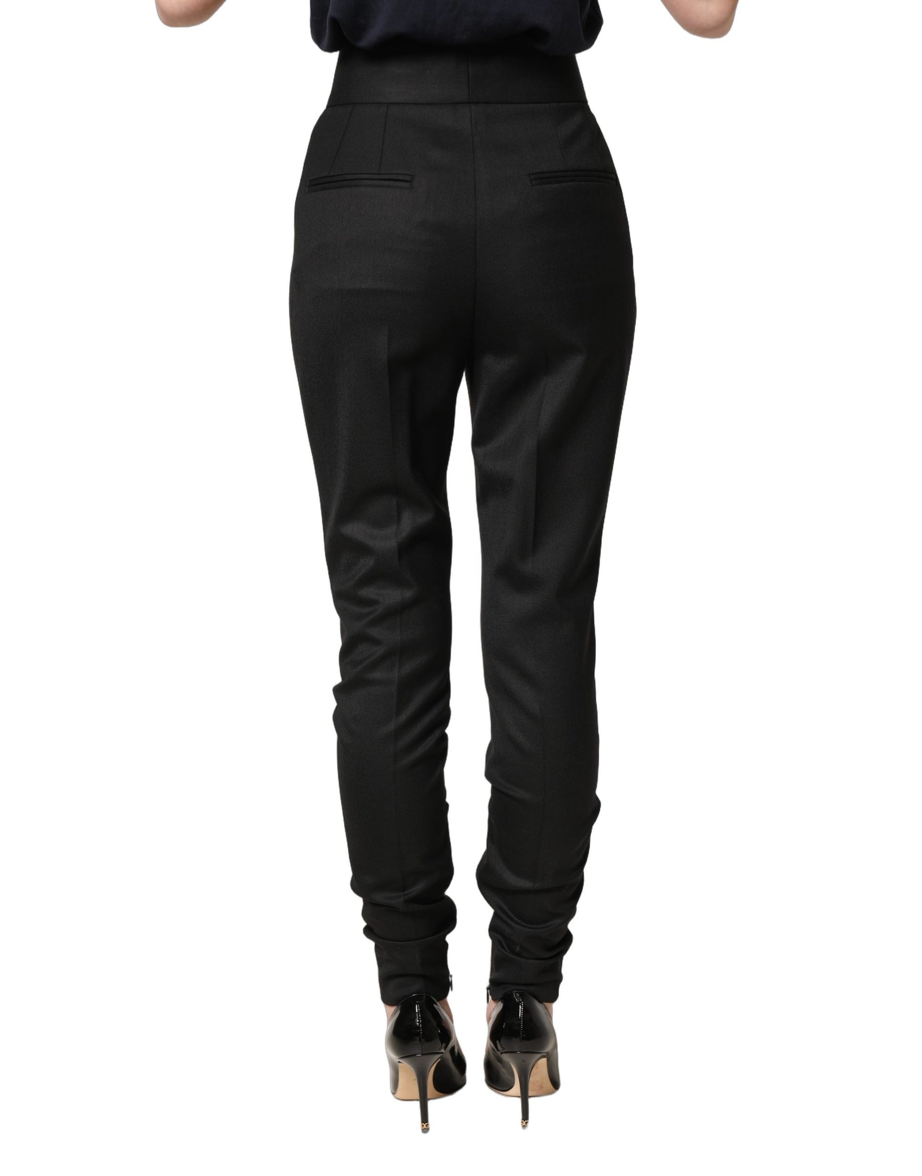 Dolce & Gabbana Black Wool High Waisted Logo Trouser Pants | Regal Royce