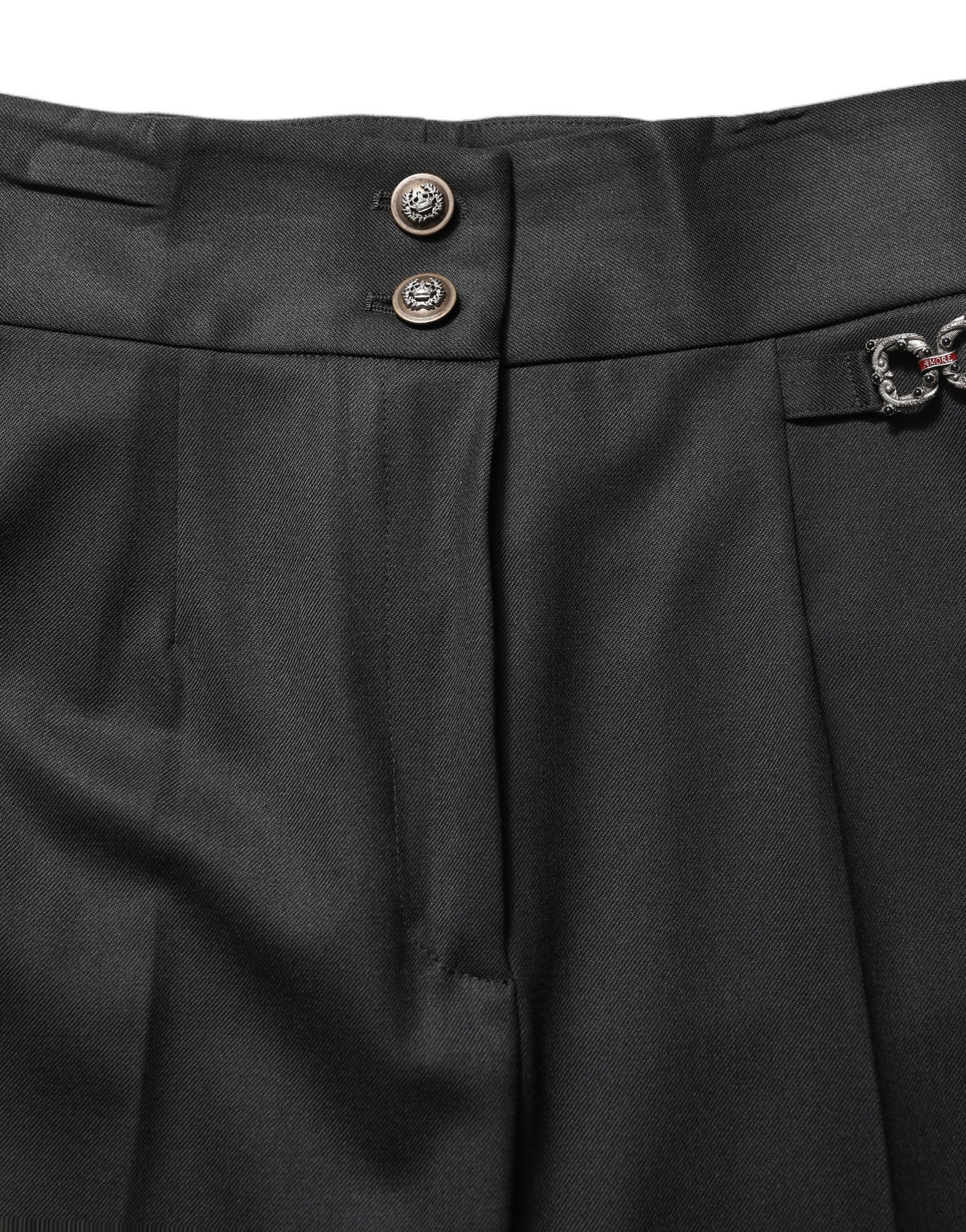 Dolce & Gabbana Black Wool High Waisted Logo Trouser Pants | Regal Royce
