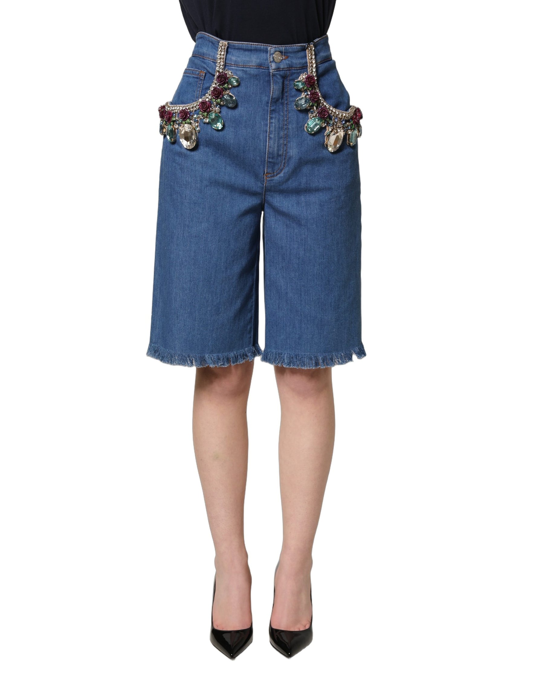 Dolce & Gabbana Blue Cotton Embellished BermudaDenim Shorts | Regal Royce