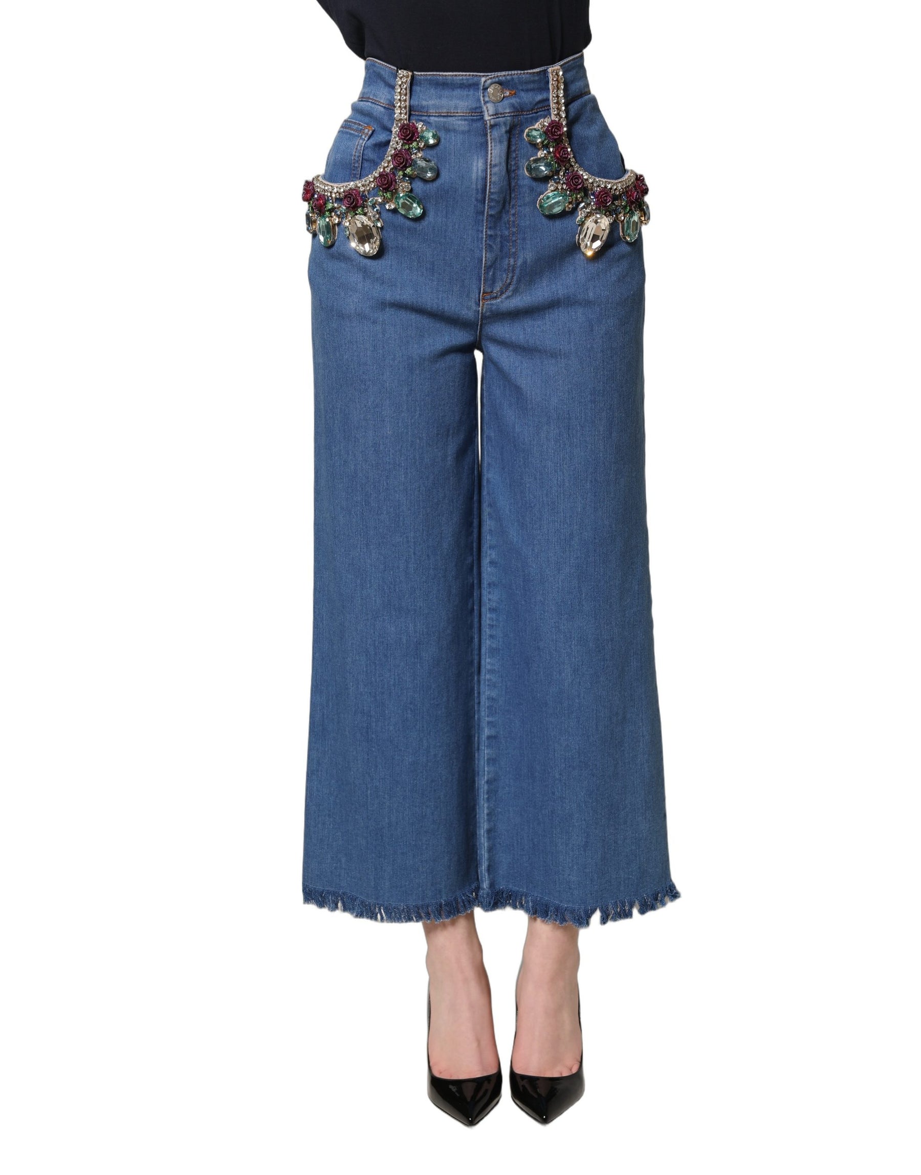 Dolce & Gabbana Blue Embellished Wide Cropped Denim Jeans | Regal Royce