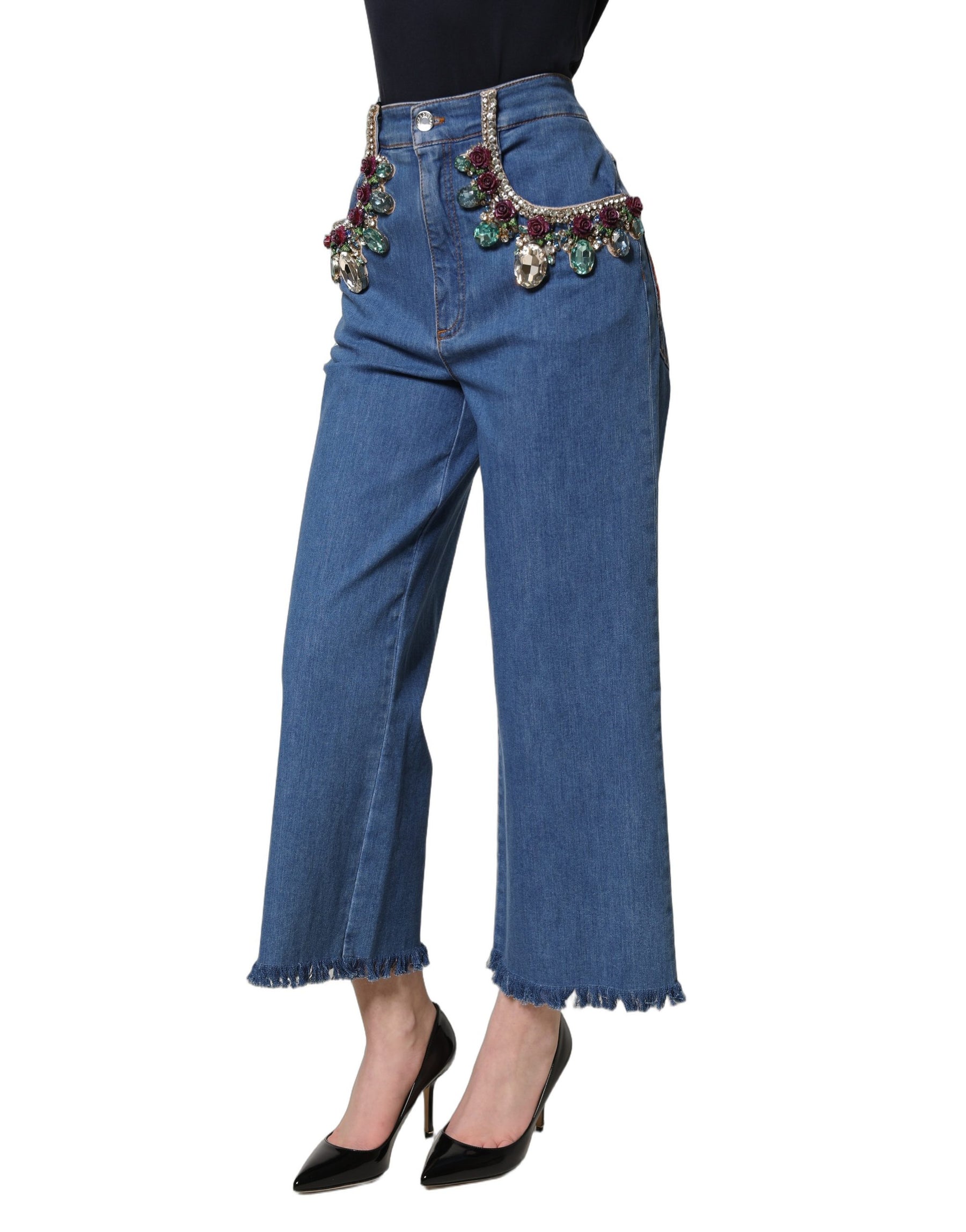 Dolce & Gabbana Blue Embellished Wide Cropped Denim Jeans | Regal Royce