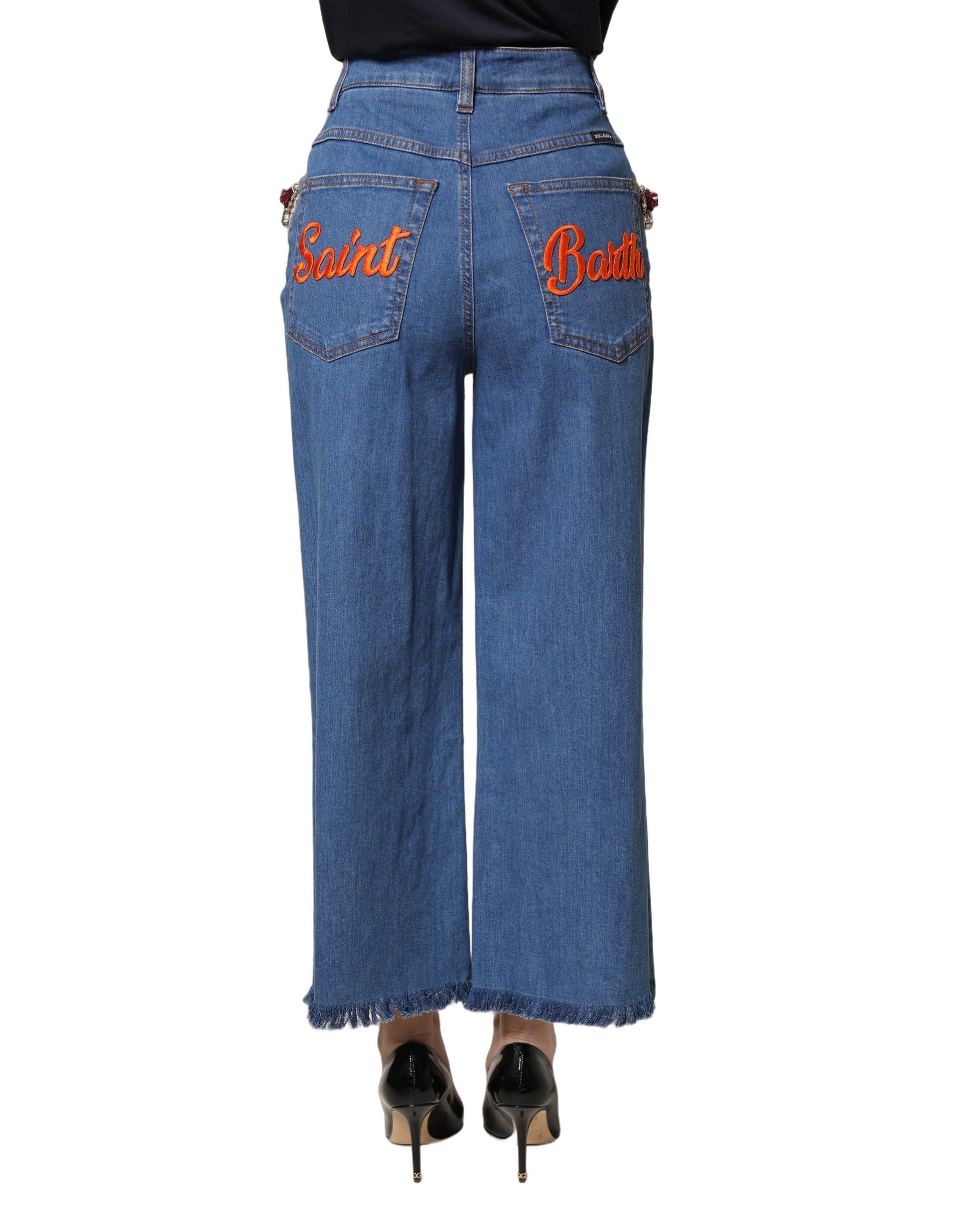 Dolce & Gabbana Blue Embellished Wide Cropped Denim Jeans | Regal Royce