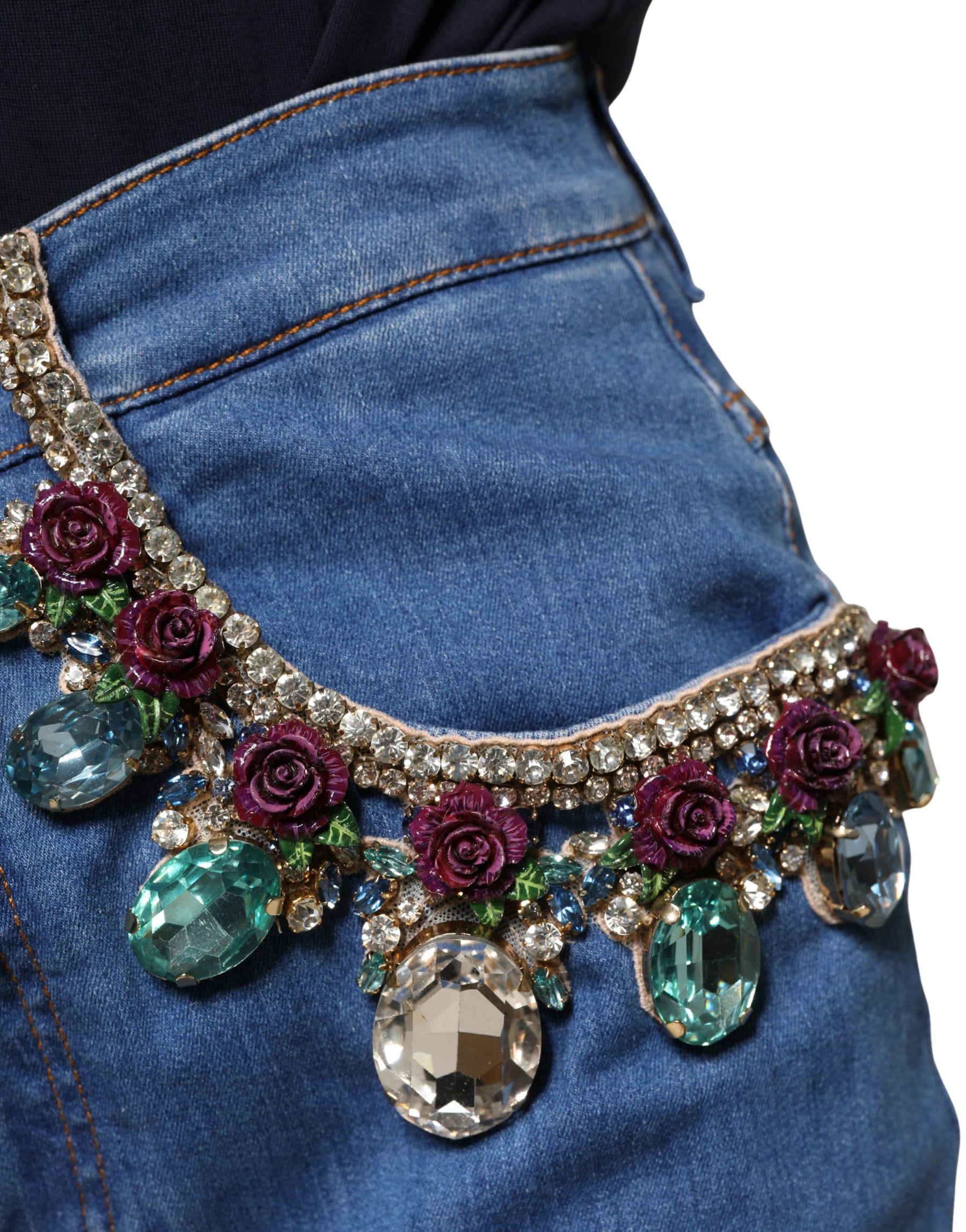 Dolce & Gabbana Blue Embellished Wide Cropped Denim Jeans | Regal Royce