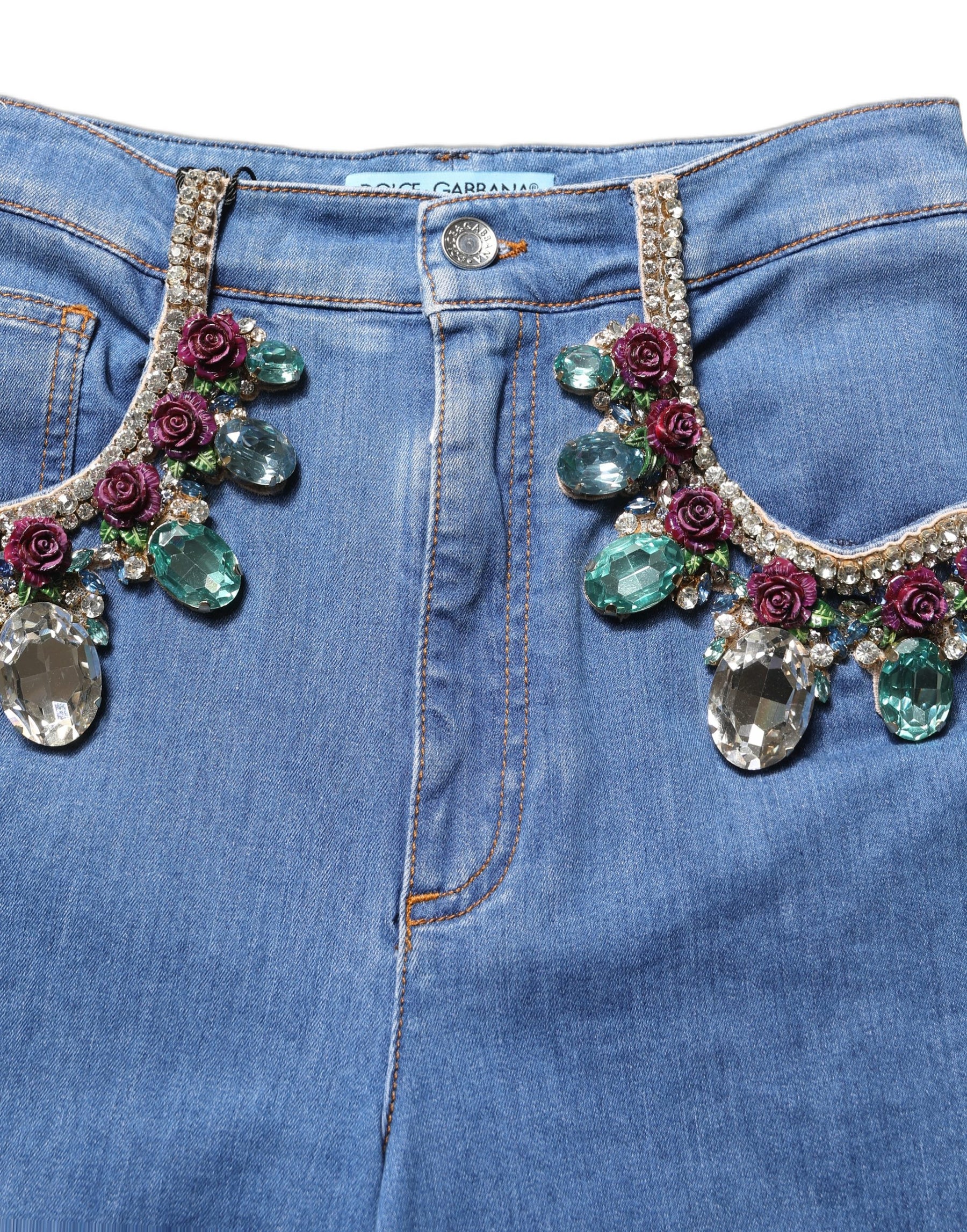 Dolce & Gabbana Blue Embellished Wide Cropped Denim Jeans | Regal Royce