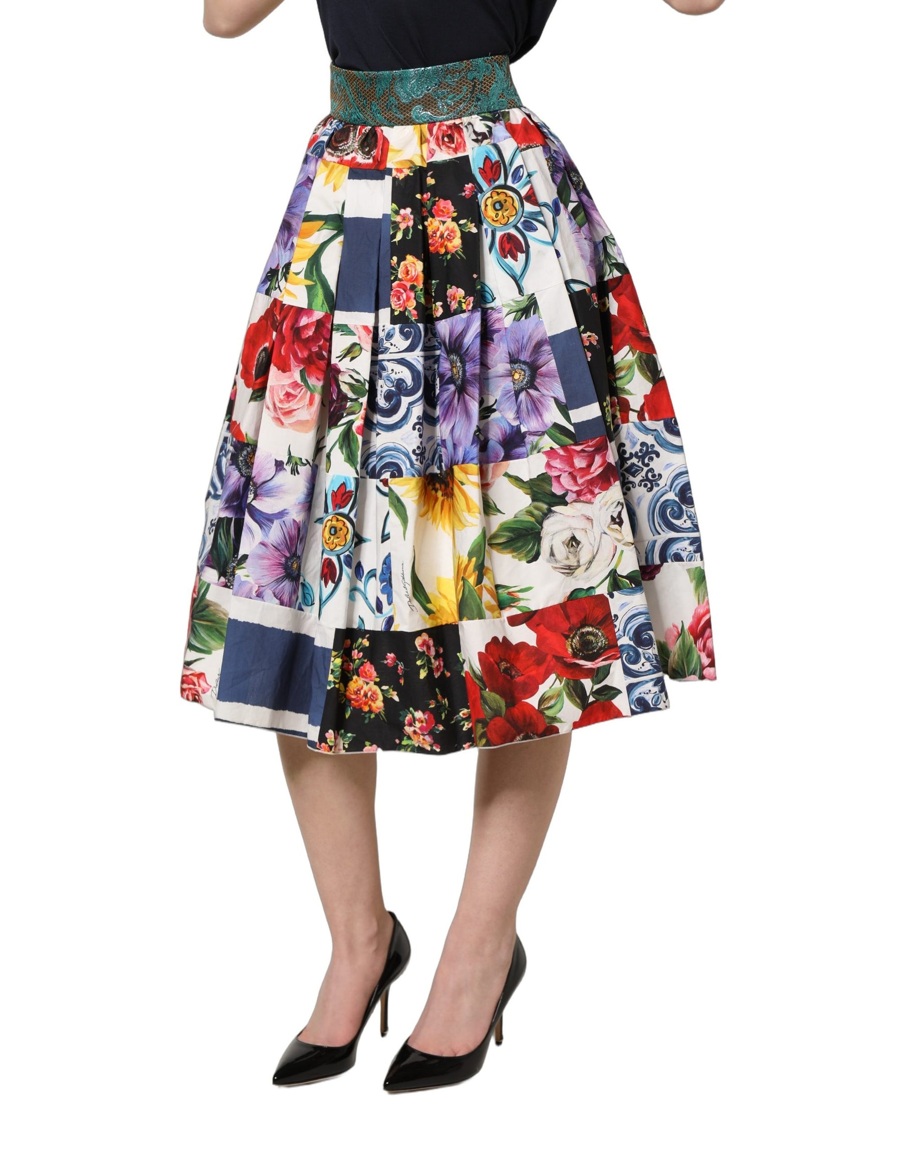 Dolce & Gabbana Multicolor Patchwork Cotton A-line Midi Skirt | Regal Royce
