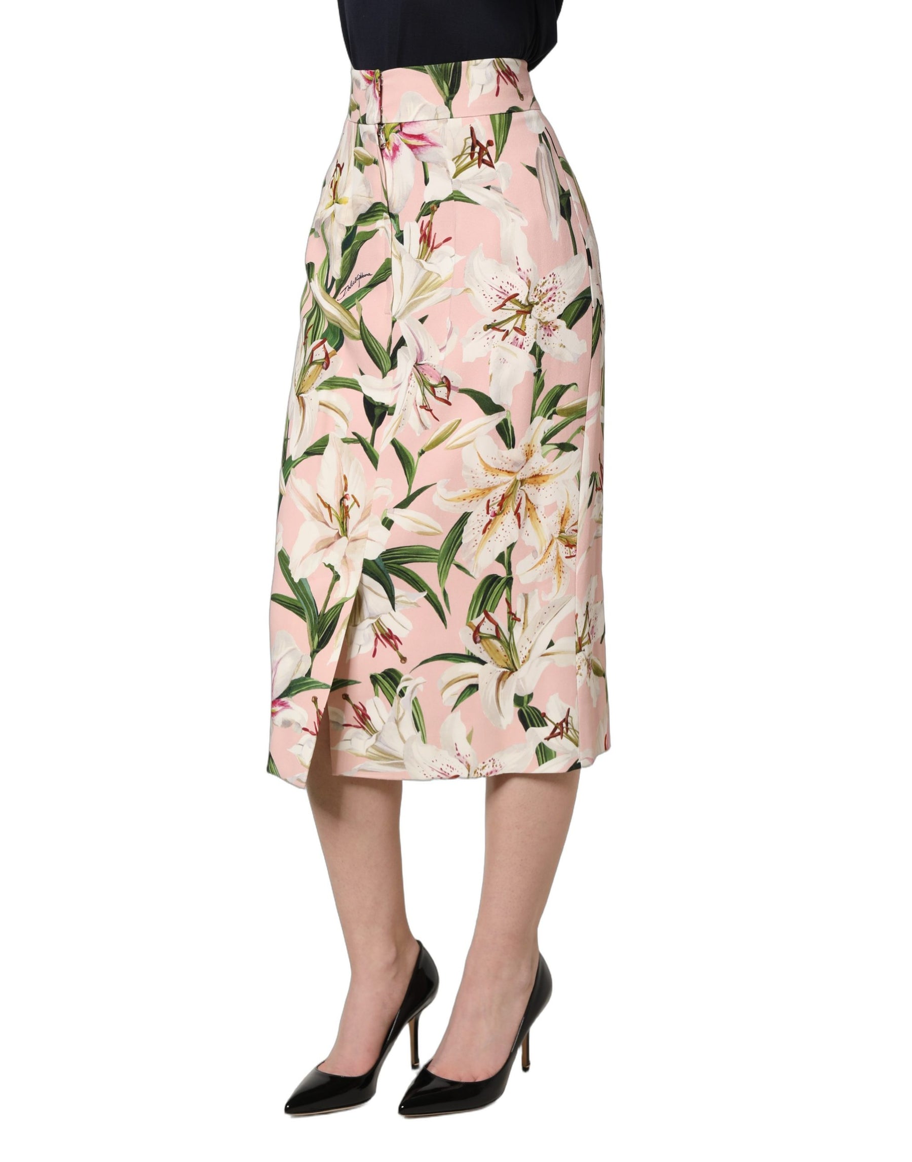 Dolce & Gabbana Pink Lilium Print High Waist Pencil Skirt | Regal Royce