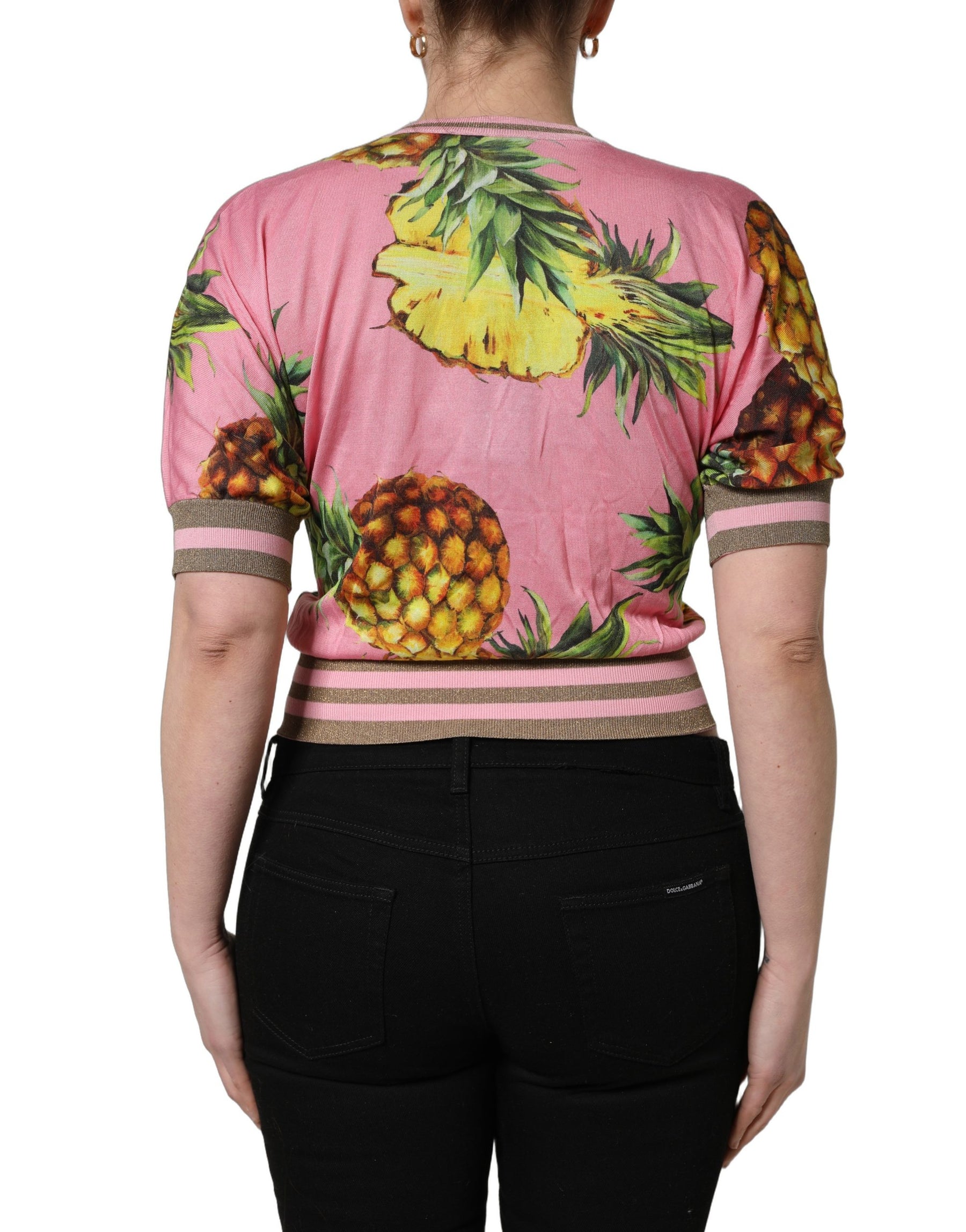 Dolce & Gabbana Pink Pineapple Vneck Short Sleeve Cropped Top | Regal Royce