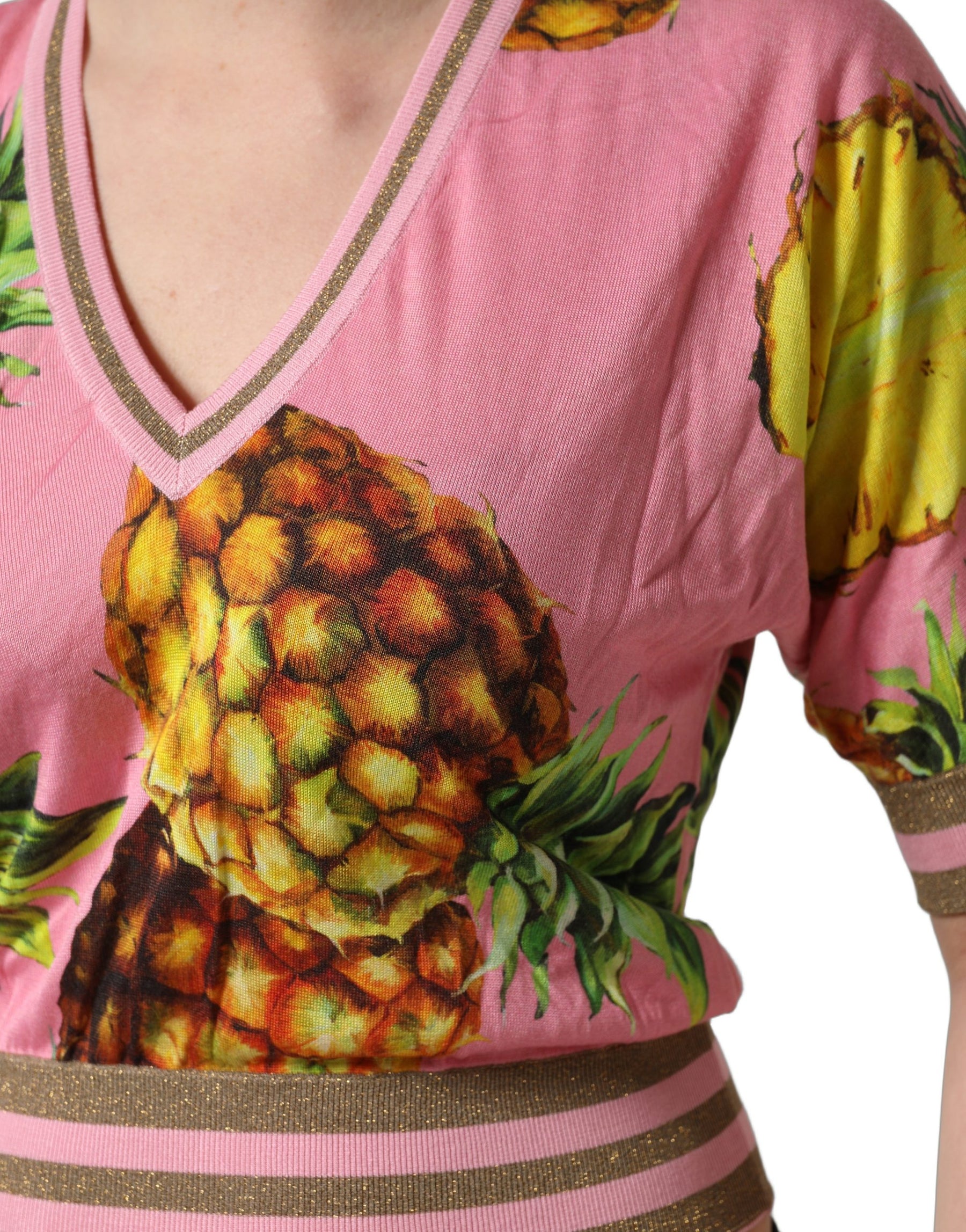 Dolce & Gabbana Pink Pineapple Vneck Short Sleeve Cropped Top | Regal Royce