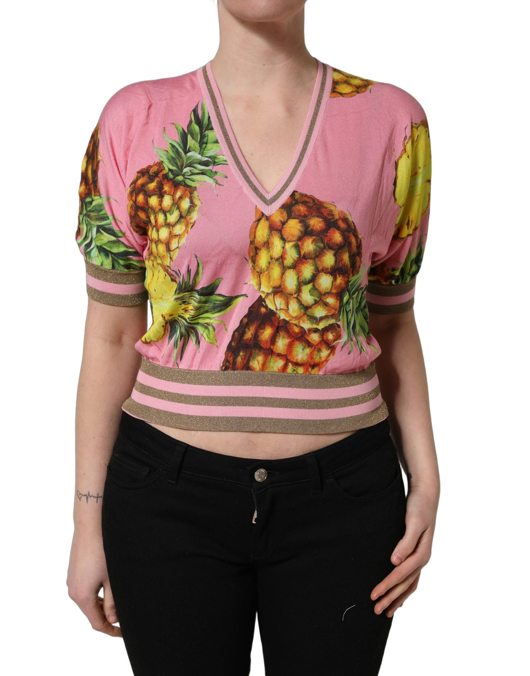 Dolce & Gabbana Pink Pineapple Vneck Short Sleeve Cropped Top | Regal Royce
