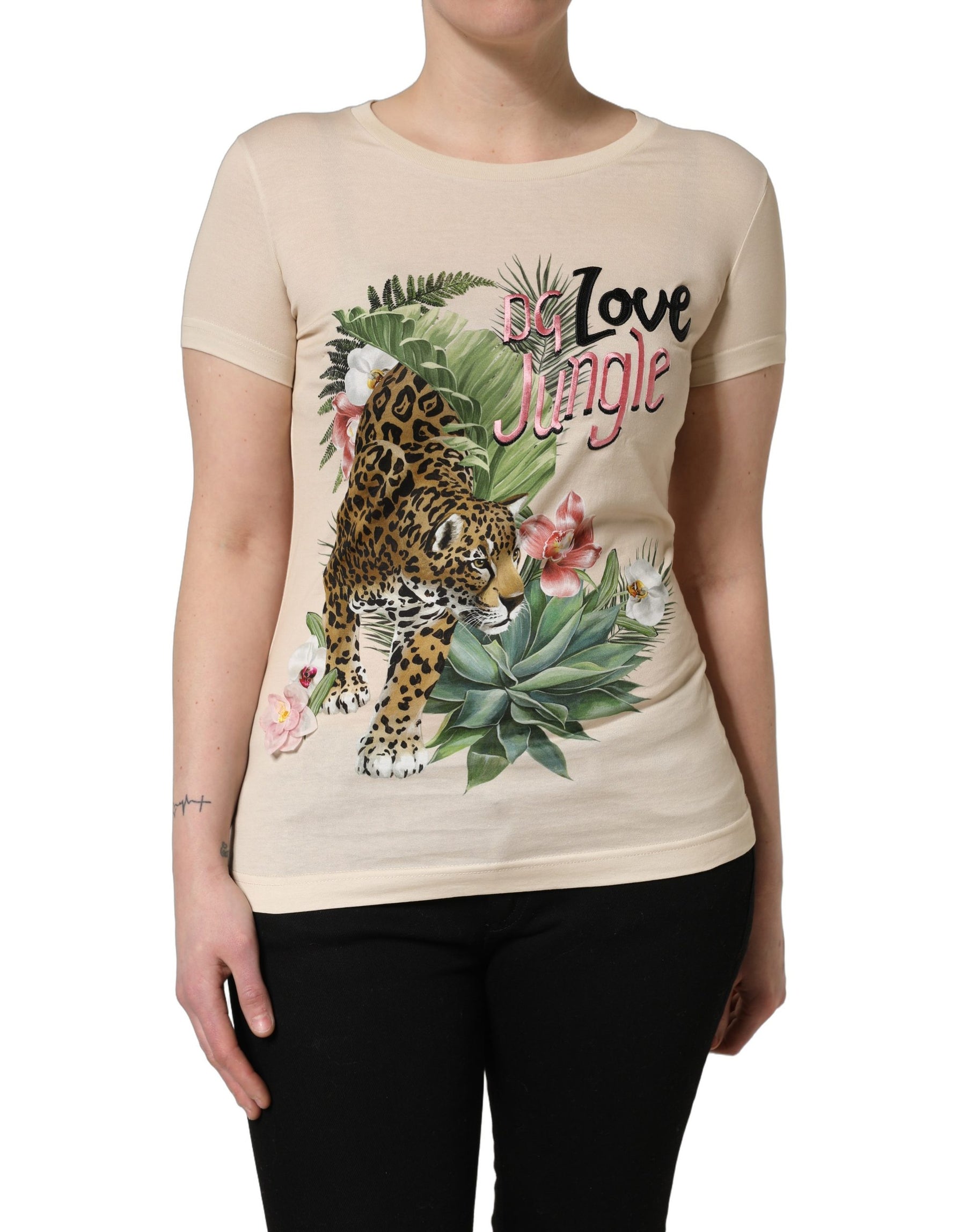 Dolce & Gabbana Beige Jungle Print Cotton Round Neck T-Shirt | Regal Royce