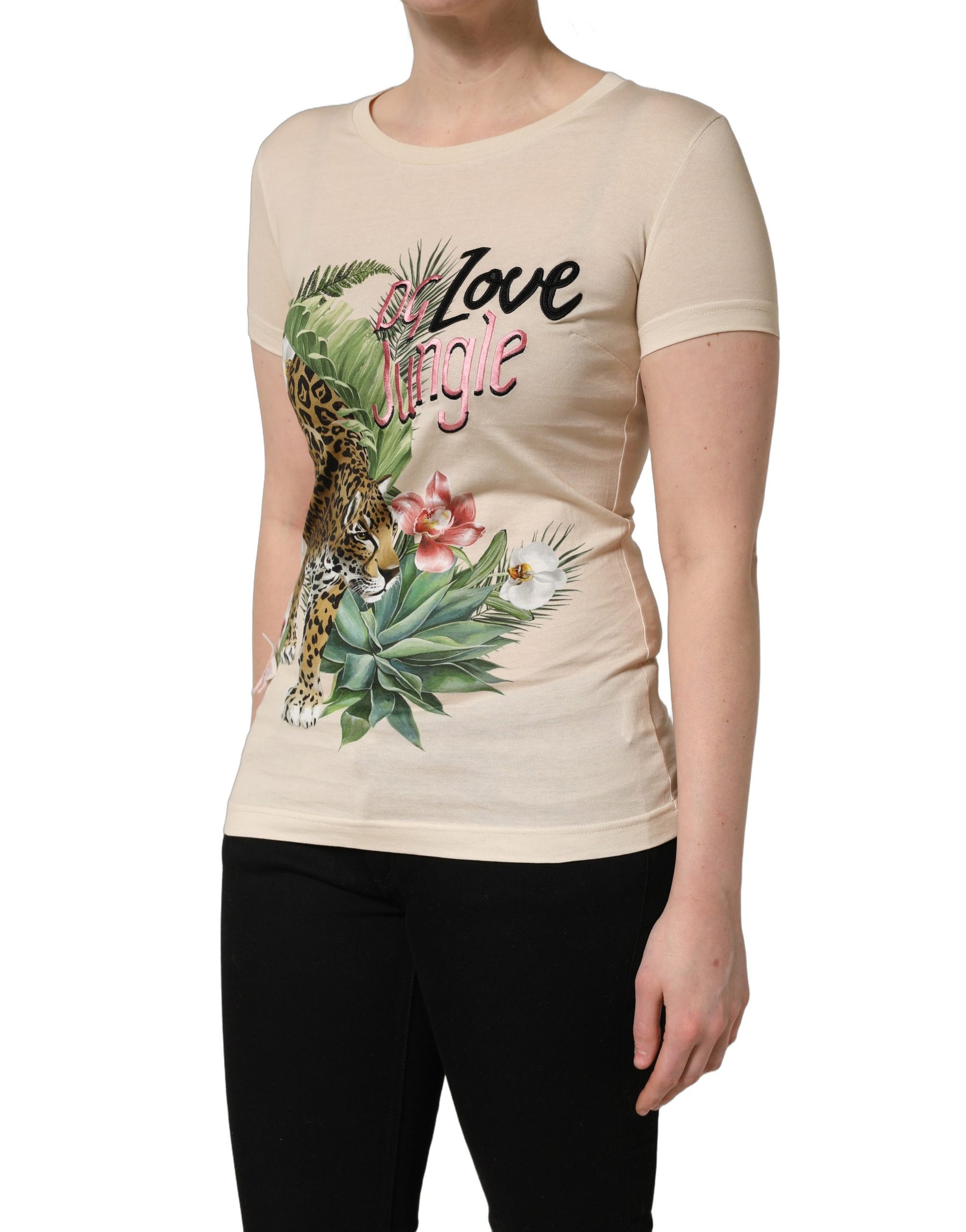 Dolce & Gabbana Beige Jungle Print Cotton Round Neck T-Shirt | Regal Royce